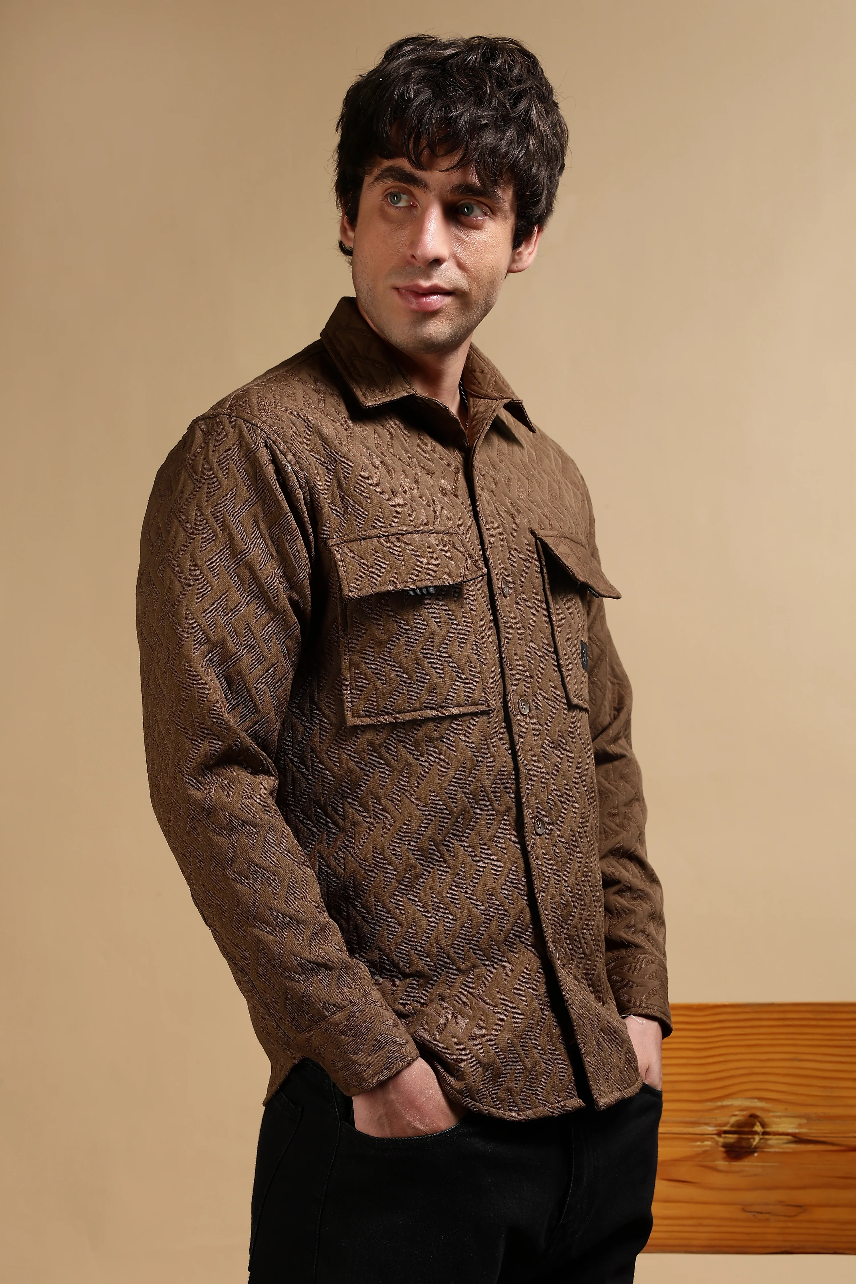 Men Brown Poly Cotton Shacket - Image 8