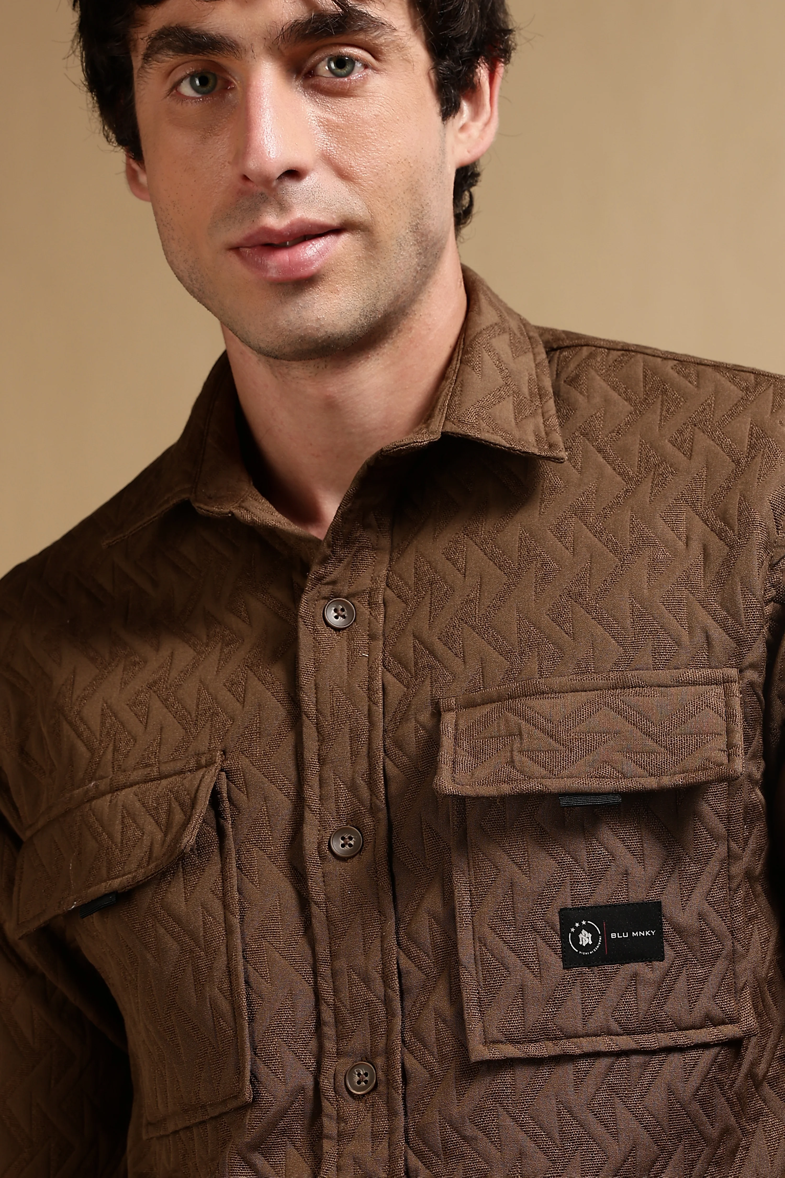 Men Brown Poly Cotton Shacket - Image 9