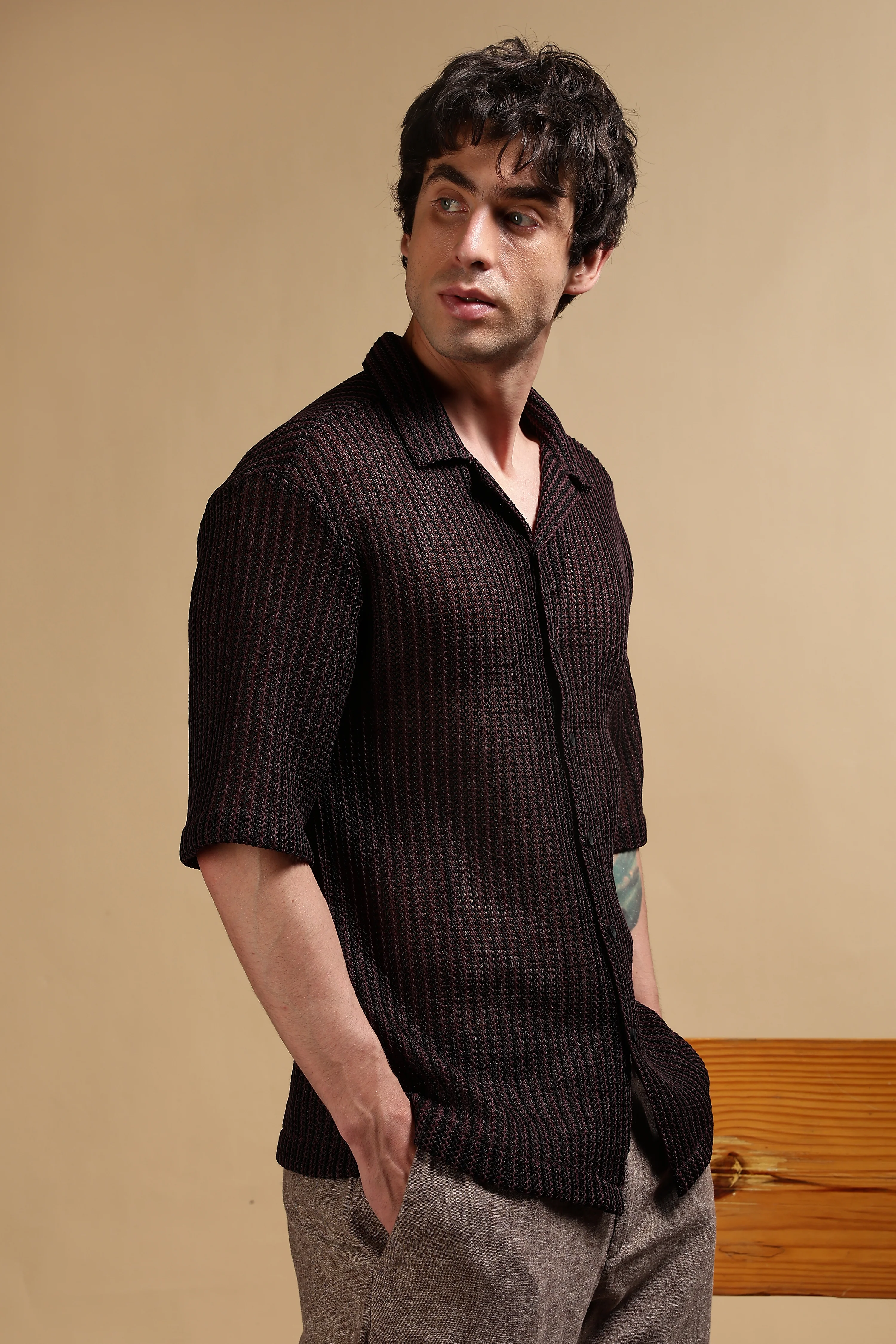 Men Brown Polyester Relaxed Fit Shirt - Image 3