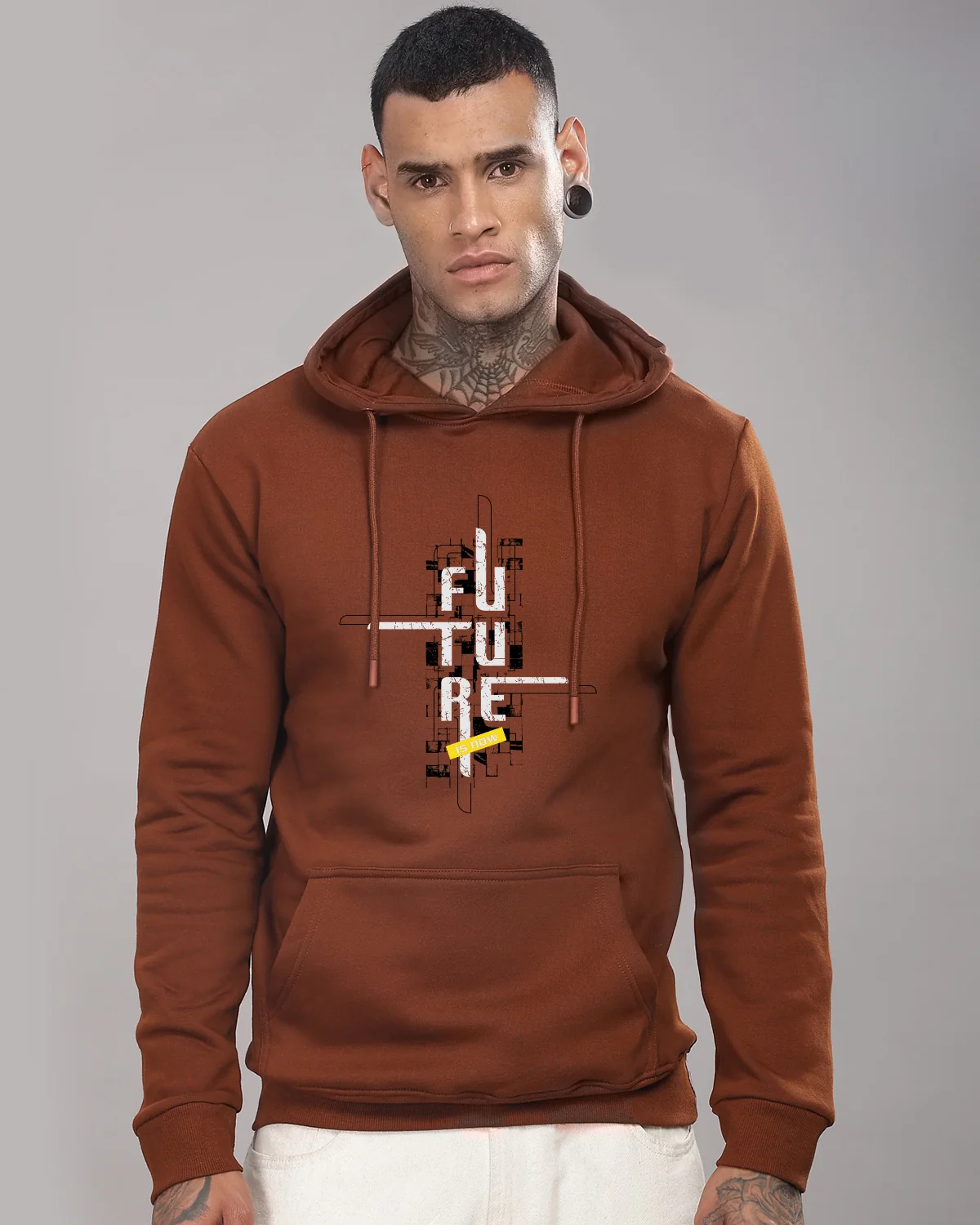 Men Brown Printed Cotton Hoodie - Image 2