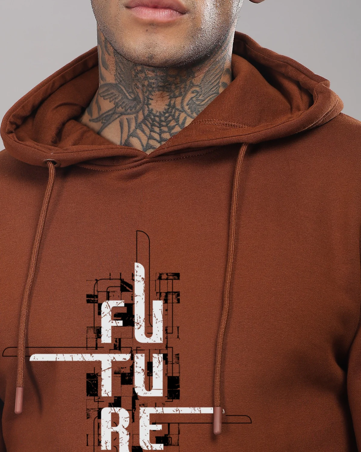 Men Brown Printed Cotton Hoodie - Image 3