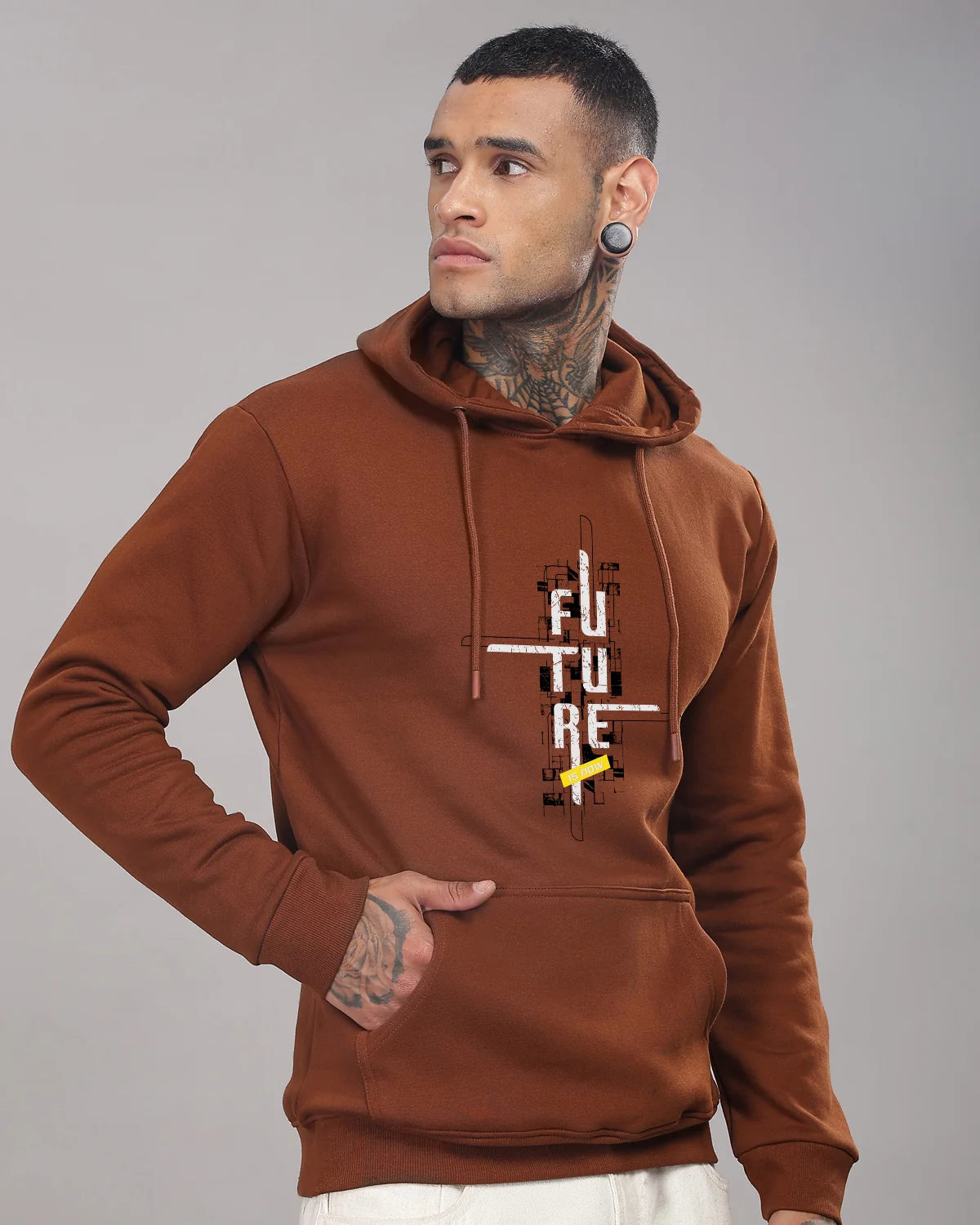 Men Brown Printed Cotton Hoodie - Image 5