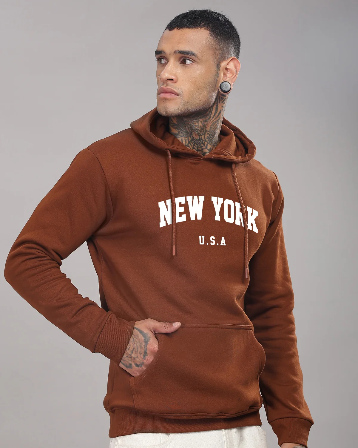 Men Brown Printed Cotton Hoodie - Image 3
