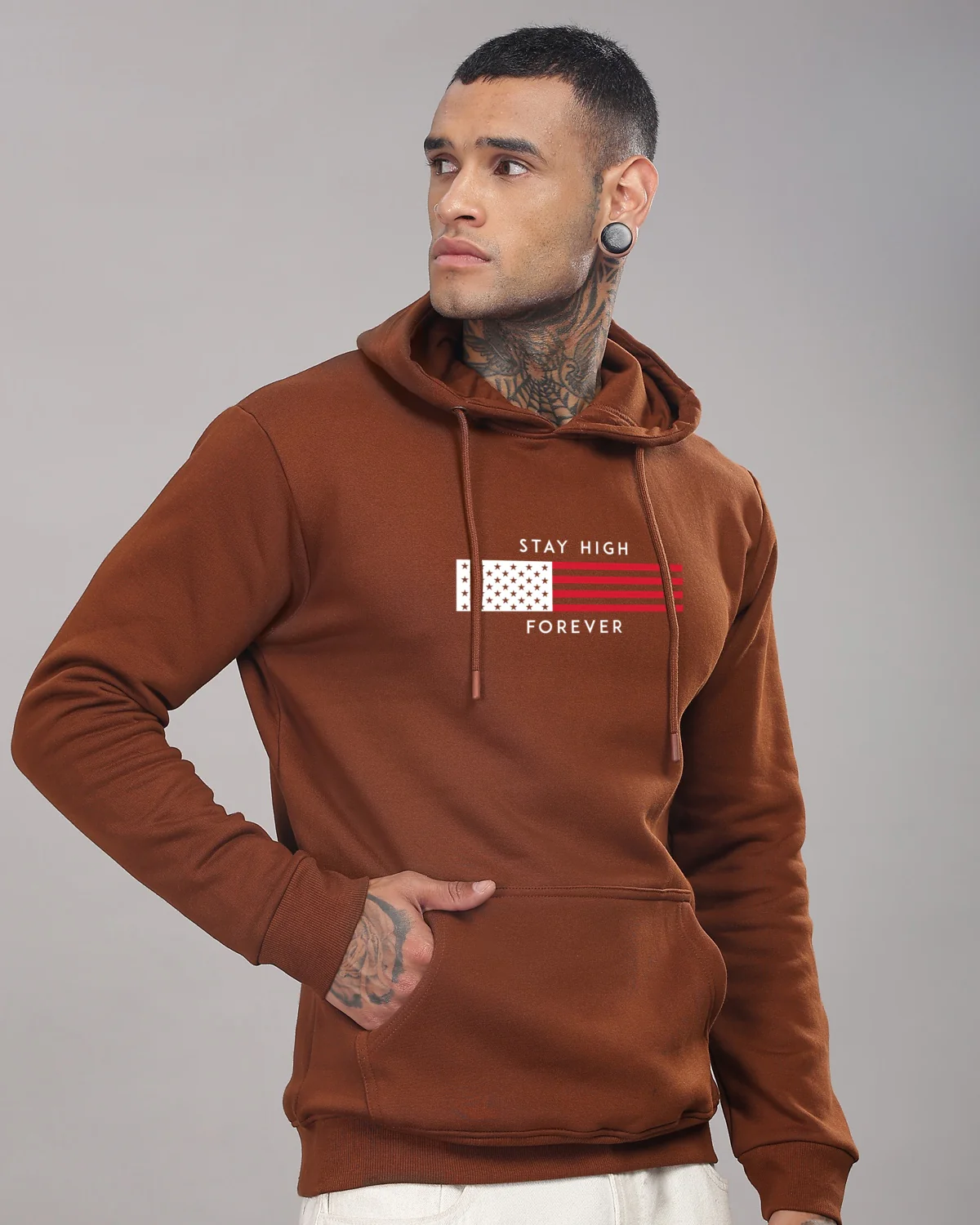 Men Brown Printed Hoodie - Image 3