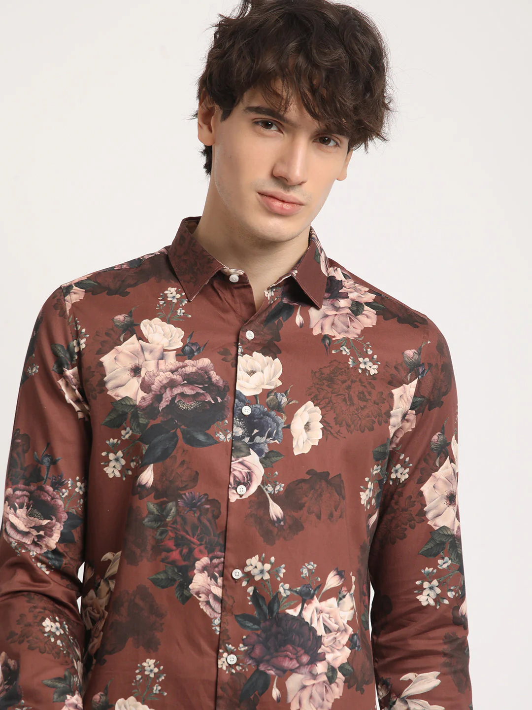 Men Brown Printed Slim Fit Cotton Casual Shirt