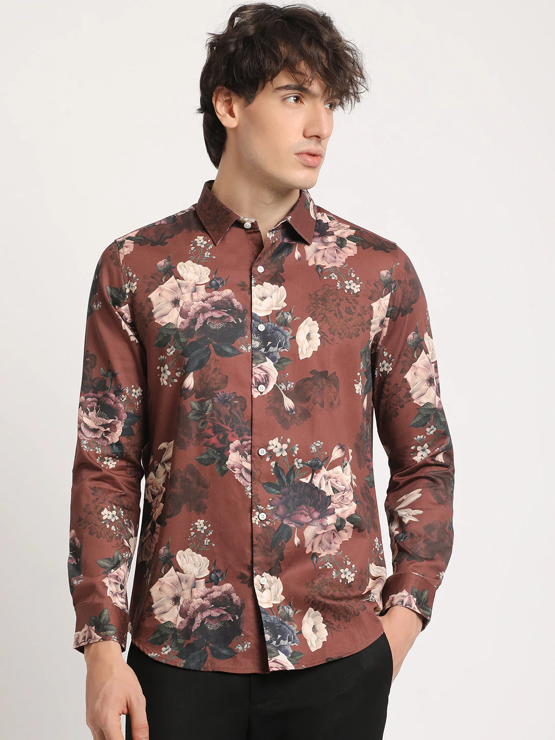 Men Brown Printed Slim Fit Cotton Casual Shirt - Image 2