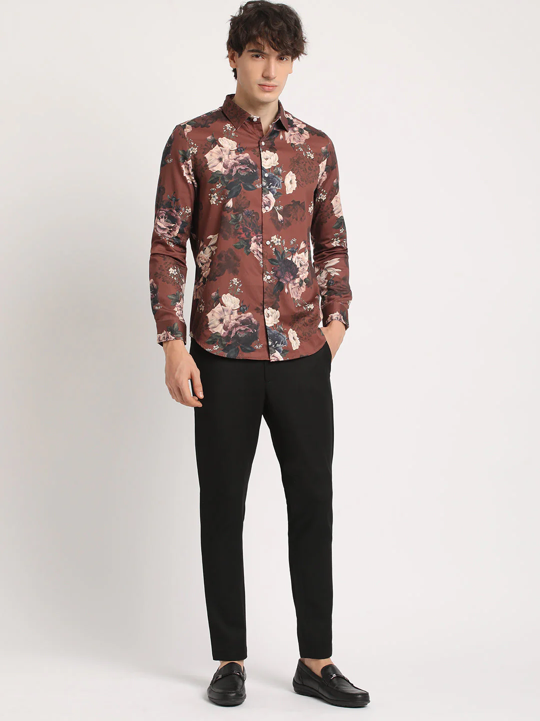 Men Brown Printed Slim Fit Cotton Casual Shirt - Image 5