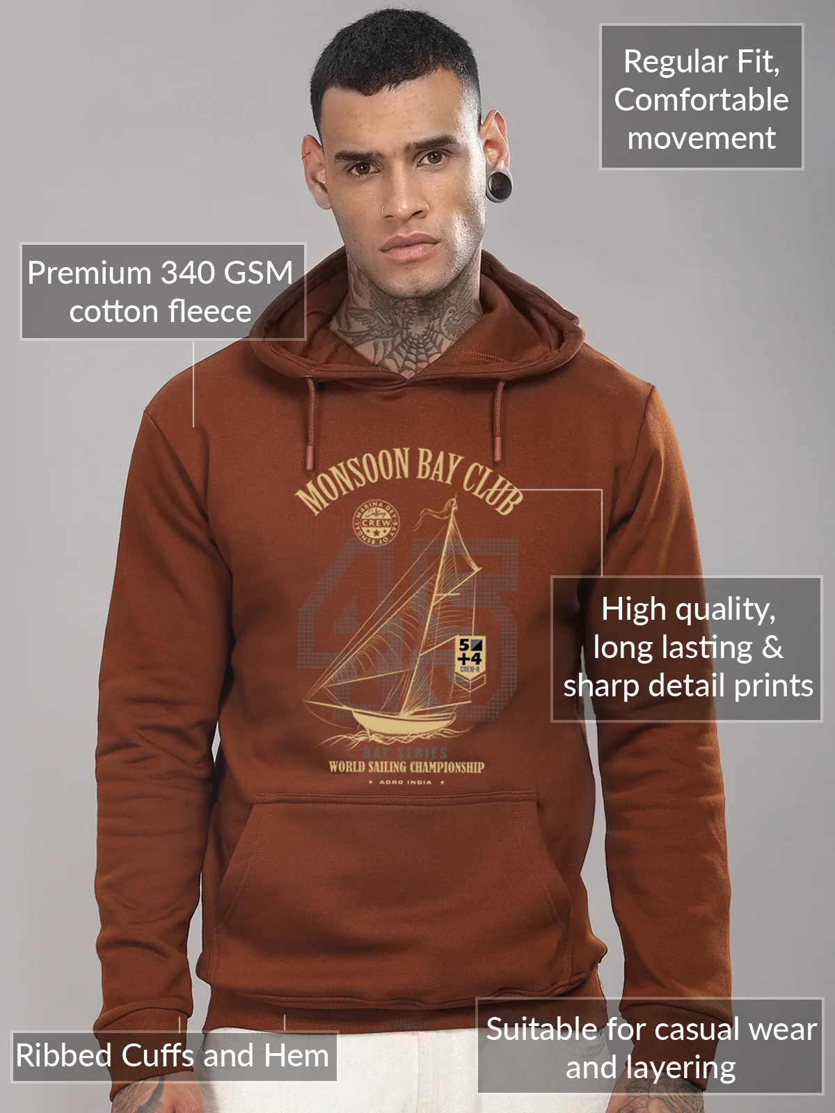 Men Brown Printed Hoodie - Image 3