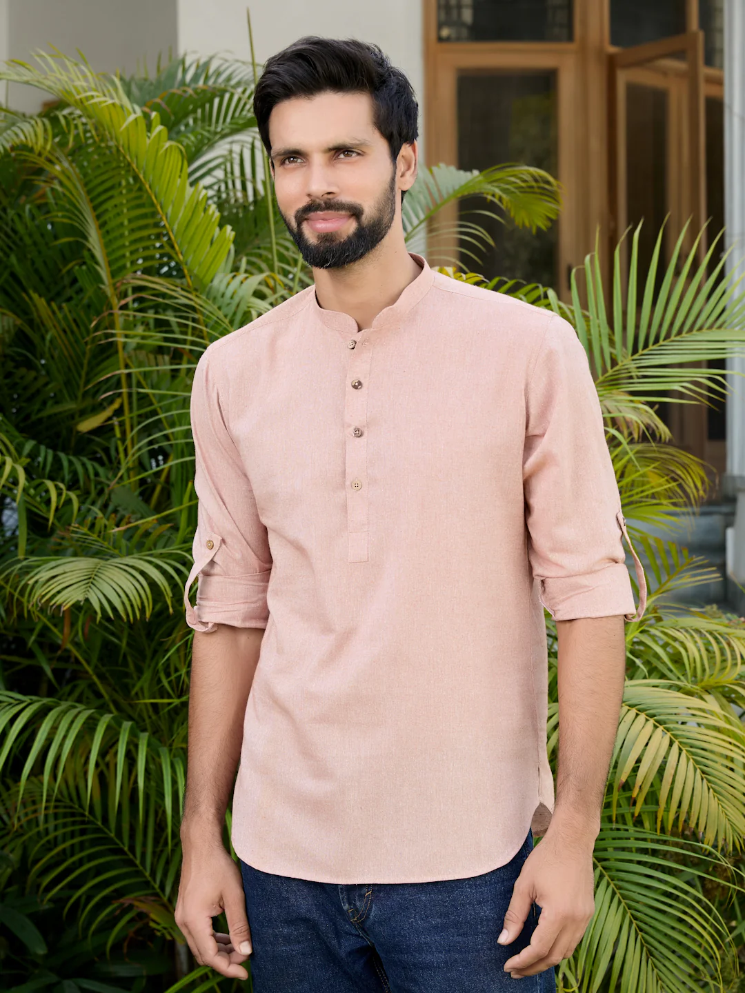 Men Brown Pure Cotton Short Kurta - Image 2