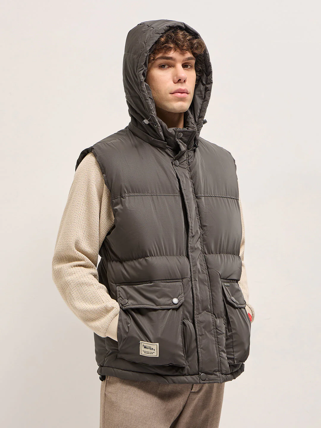 Men Brown Quilted Sleeveless Jacket - Image 3