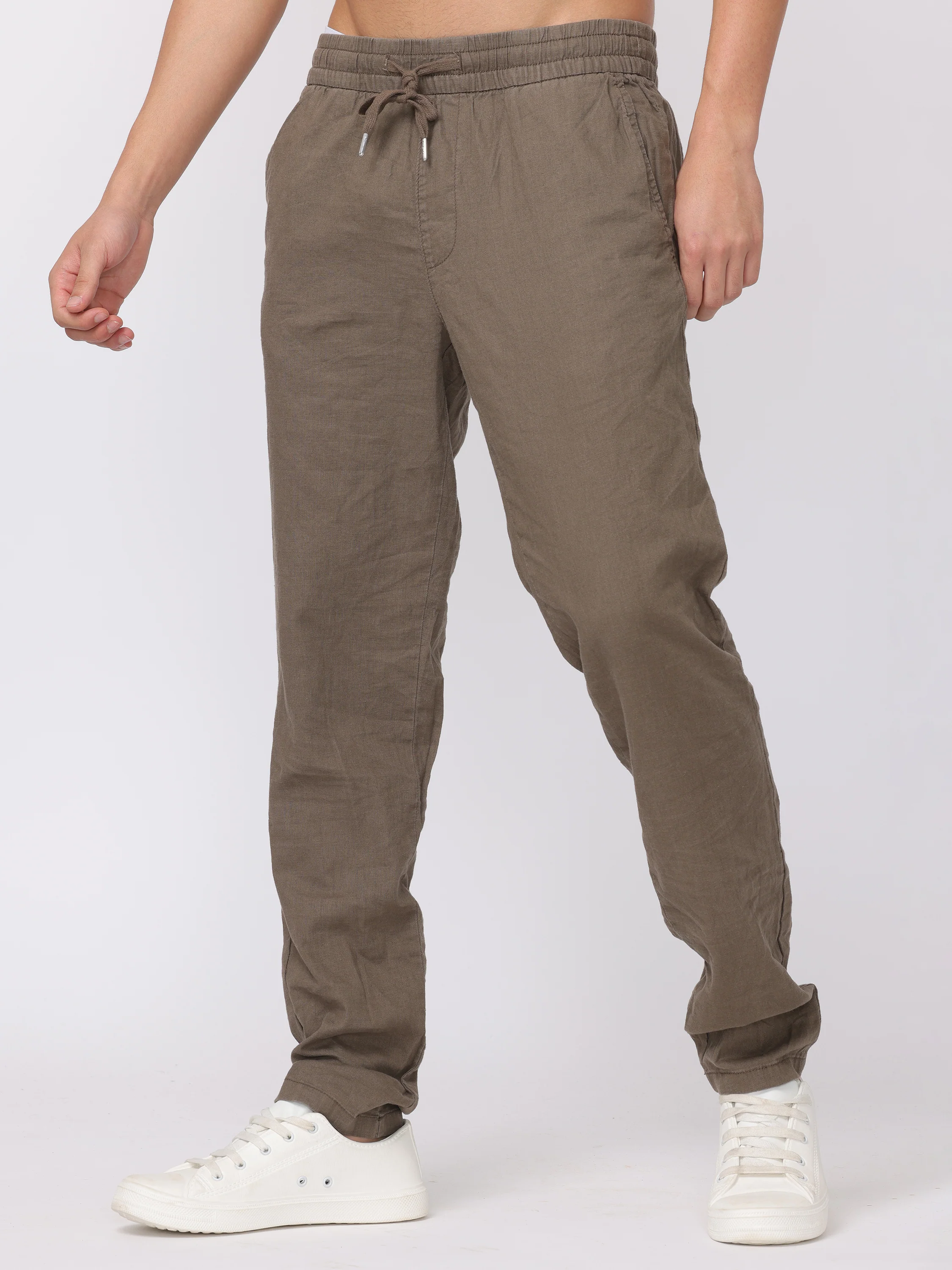 Men Brown Regular Fit Linen Blend Pants - Image 3