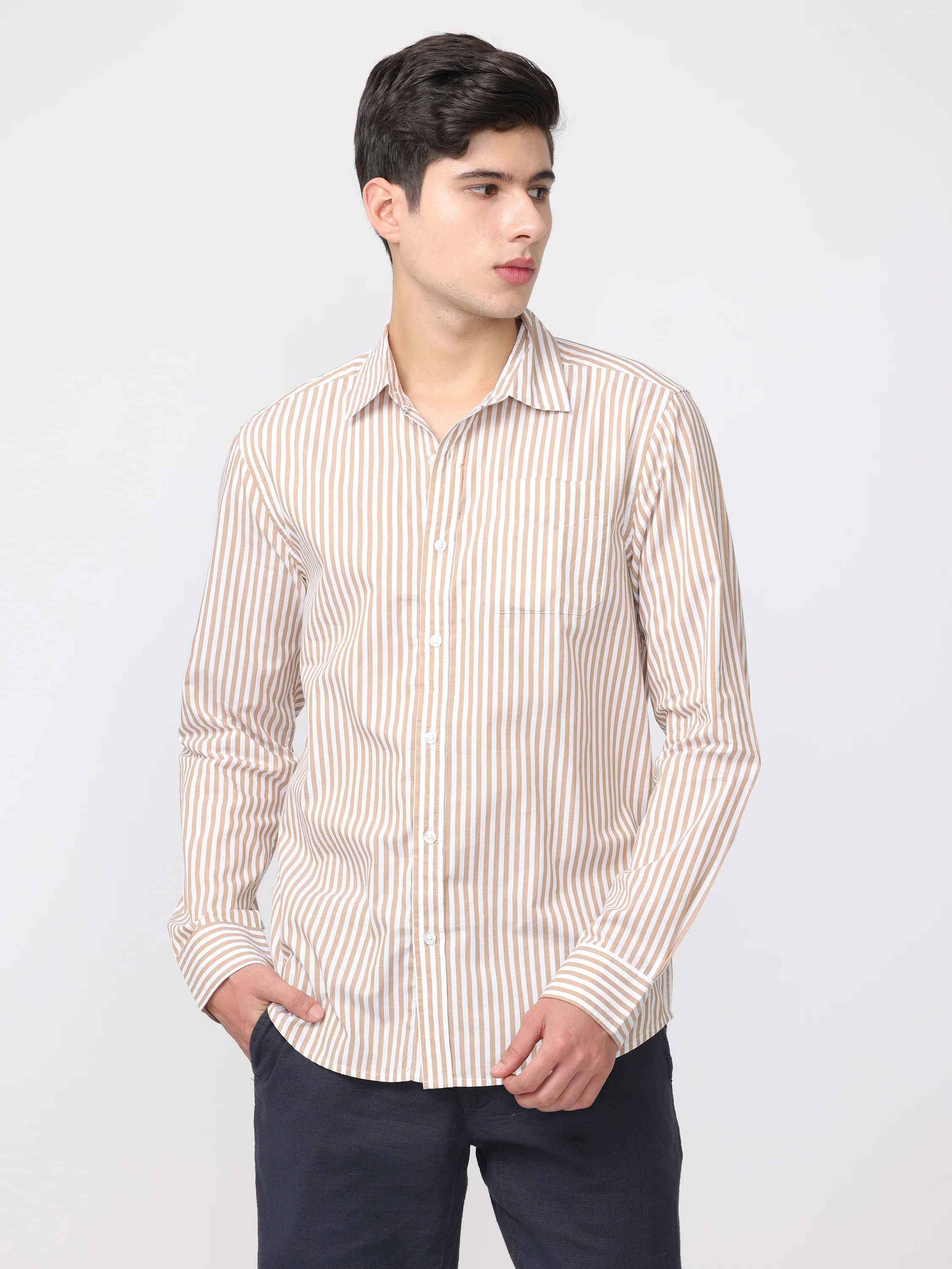 Men Brown Regular Fit Striped Shirt - Image 4