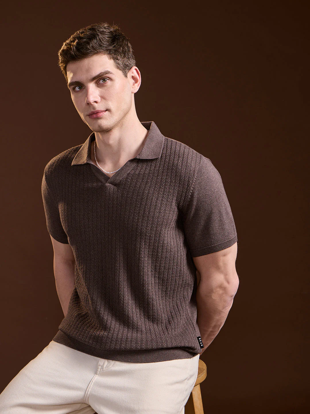 Men Brown Ribbed Texture Design Slim Fit Polo