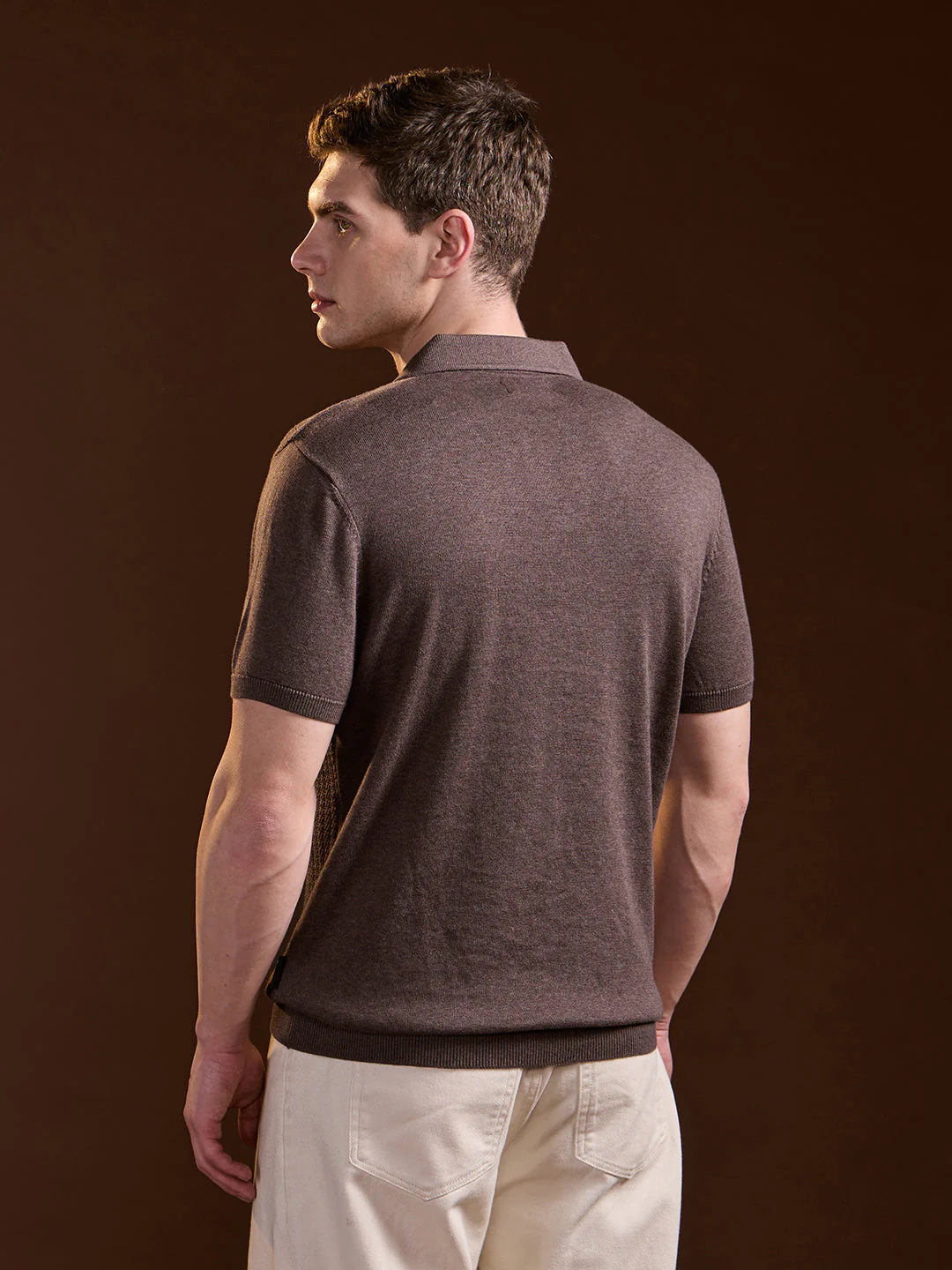 Men Brown Ribbed Texture Design Slim Fit Polo - Image 2