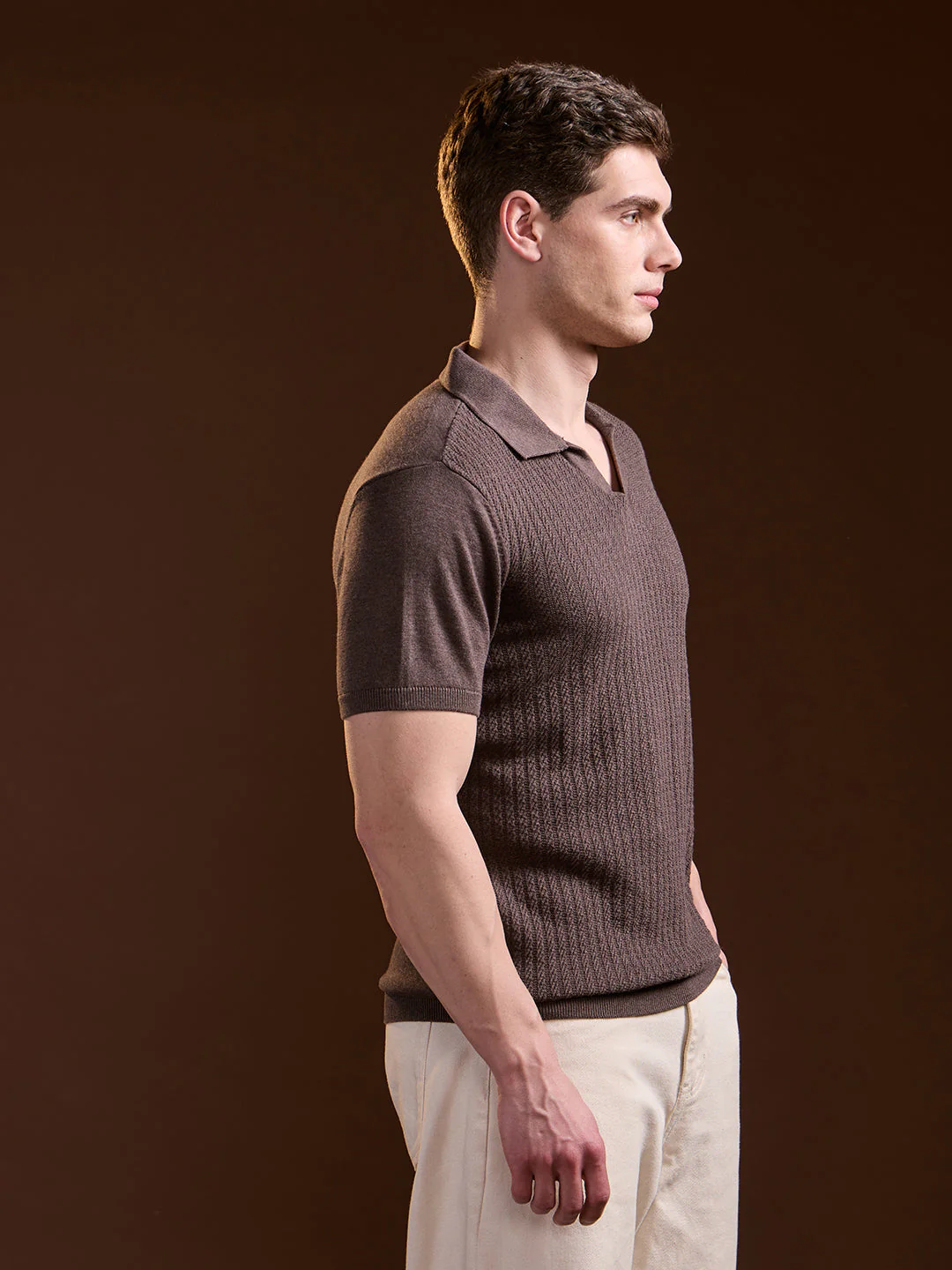 Men Brown Ribbed Texture Design Slim Fit Polo - Image 3