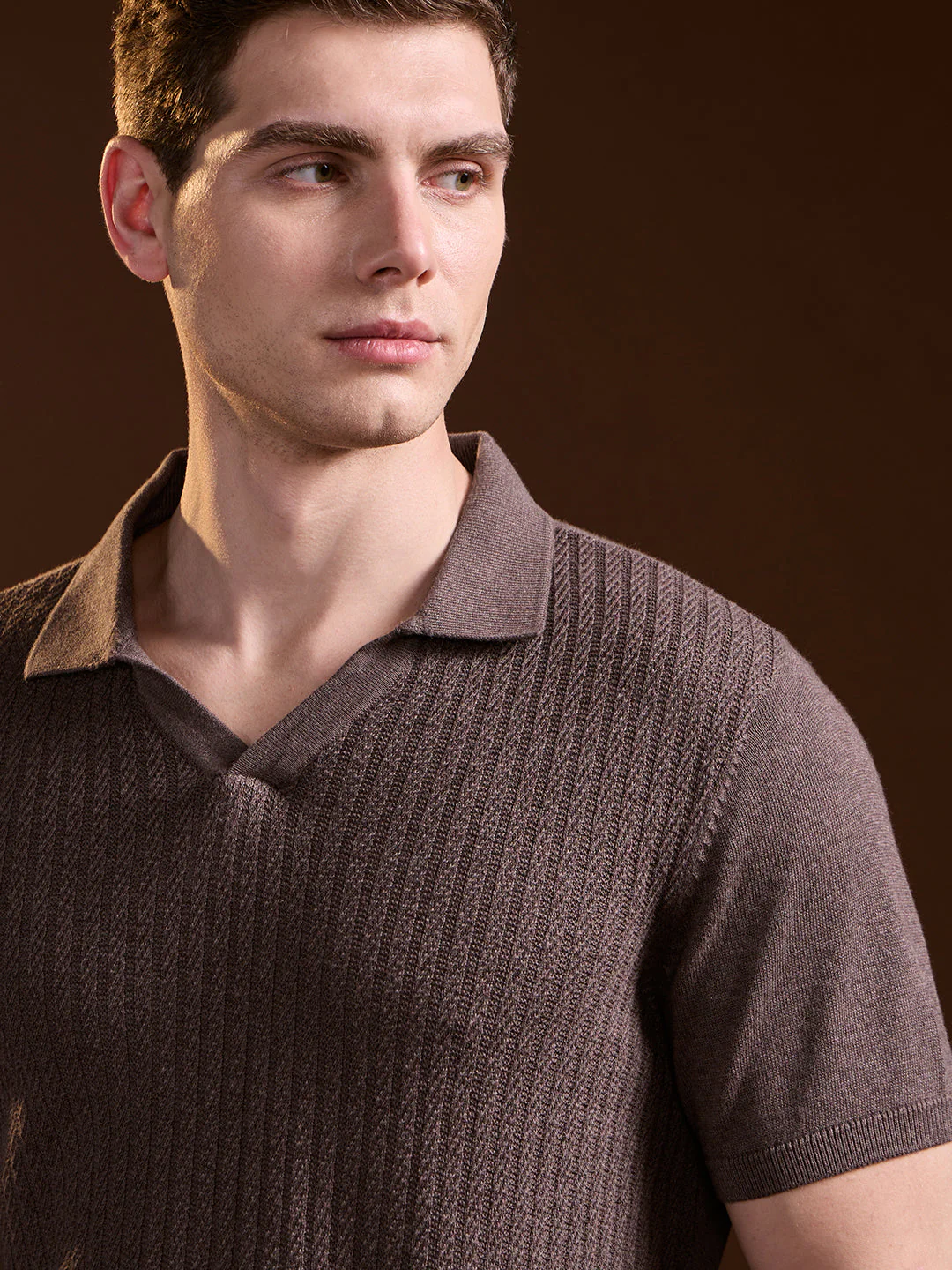 Men Brown Ribbed Texture Design Slim Fit Polo - Image 5
