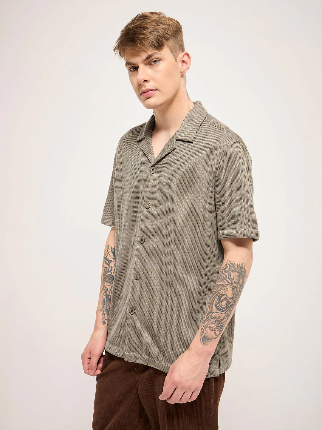 Men Brown Self Design Regular Fit Casual Shirt - Image 3