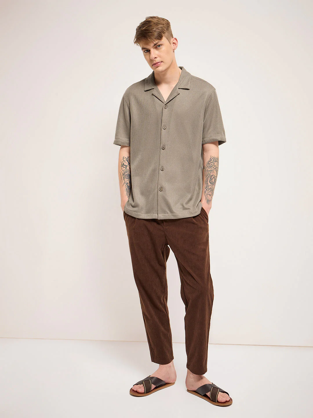 Men Brown Self Design Regular Fit Casual Shirt - Image 5