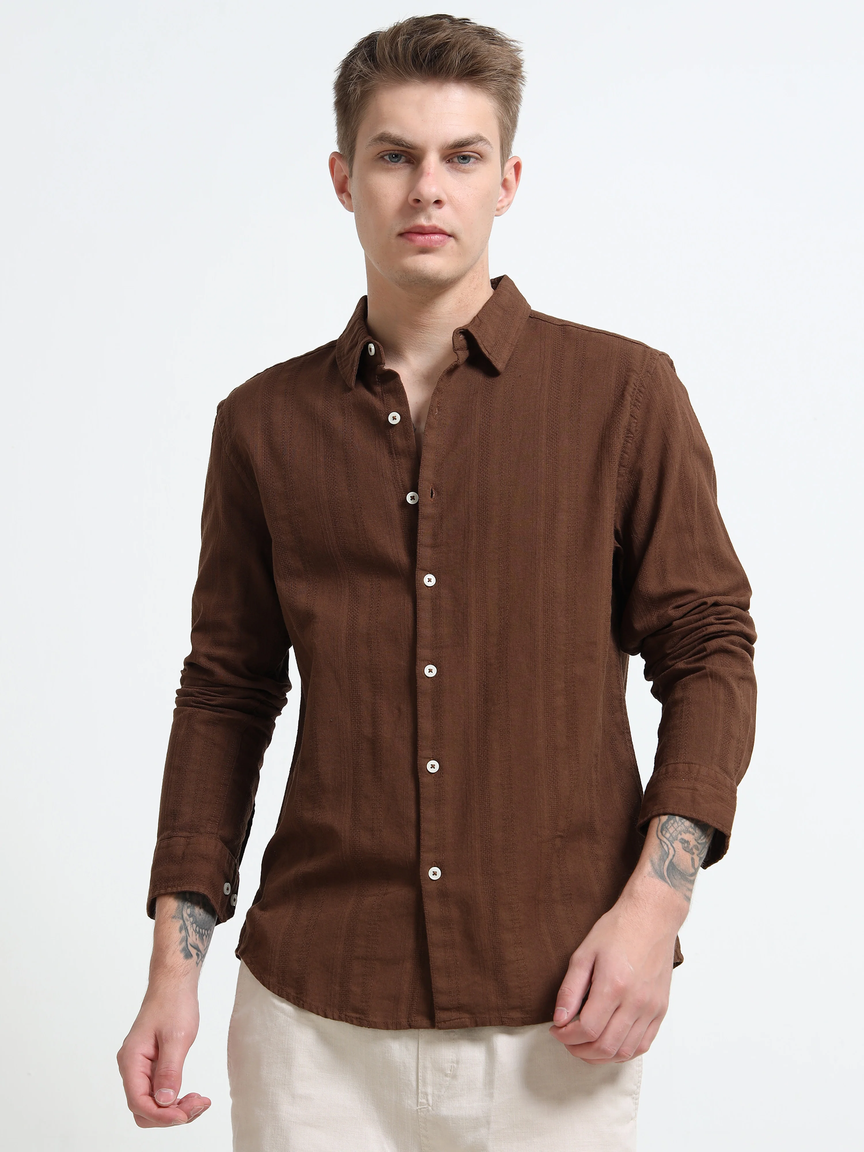 Men Brown Self Design Shirt - Image 2