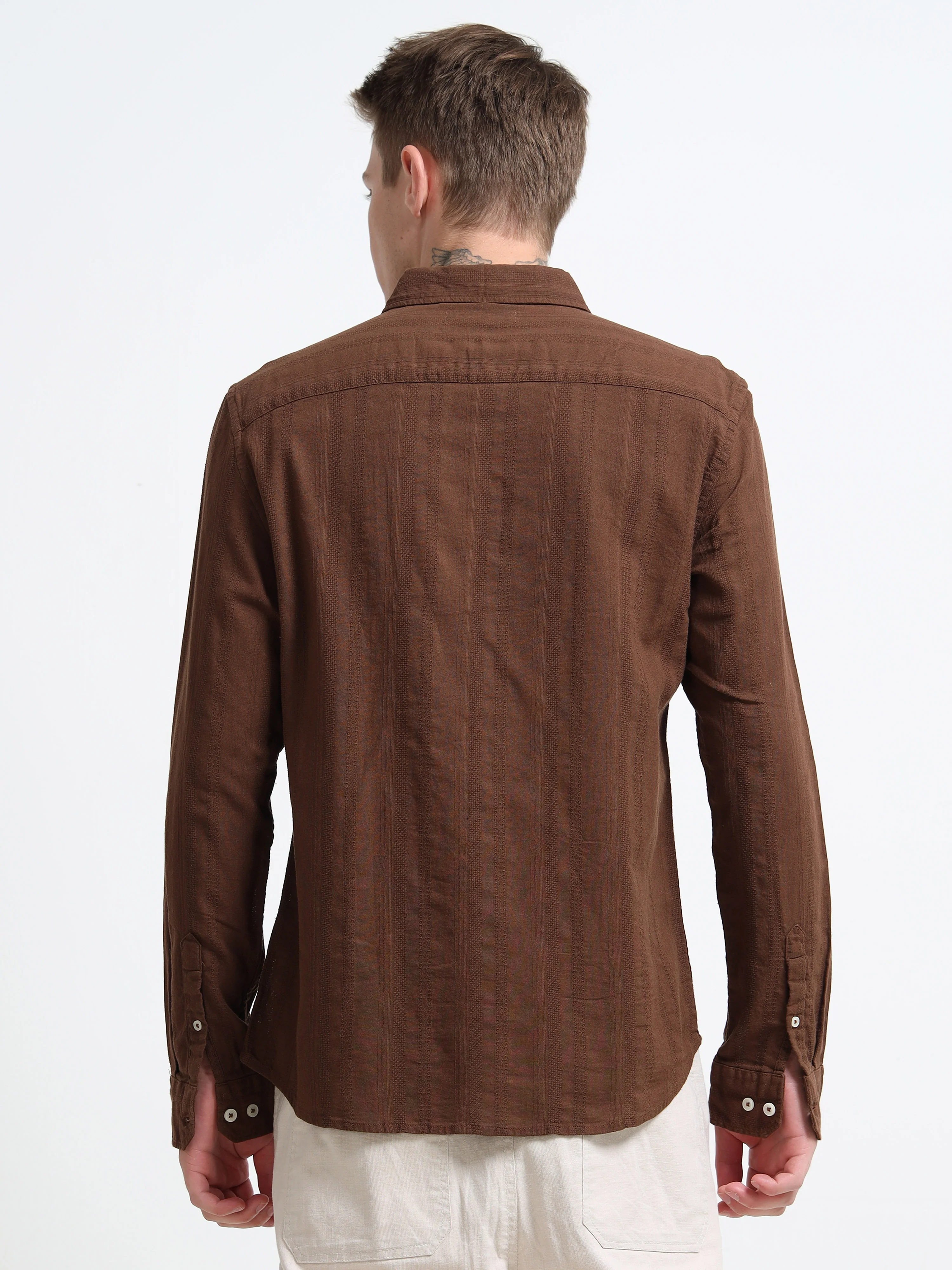 Men Brown Self Design Shirt - Image 4