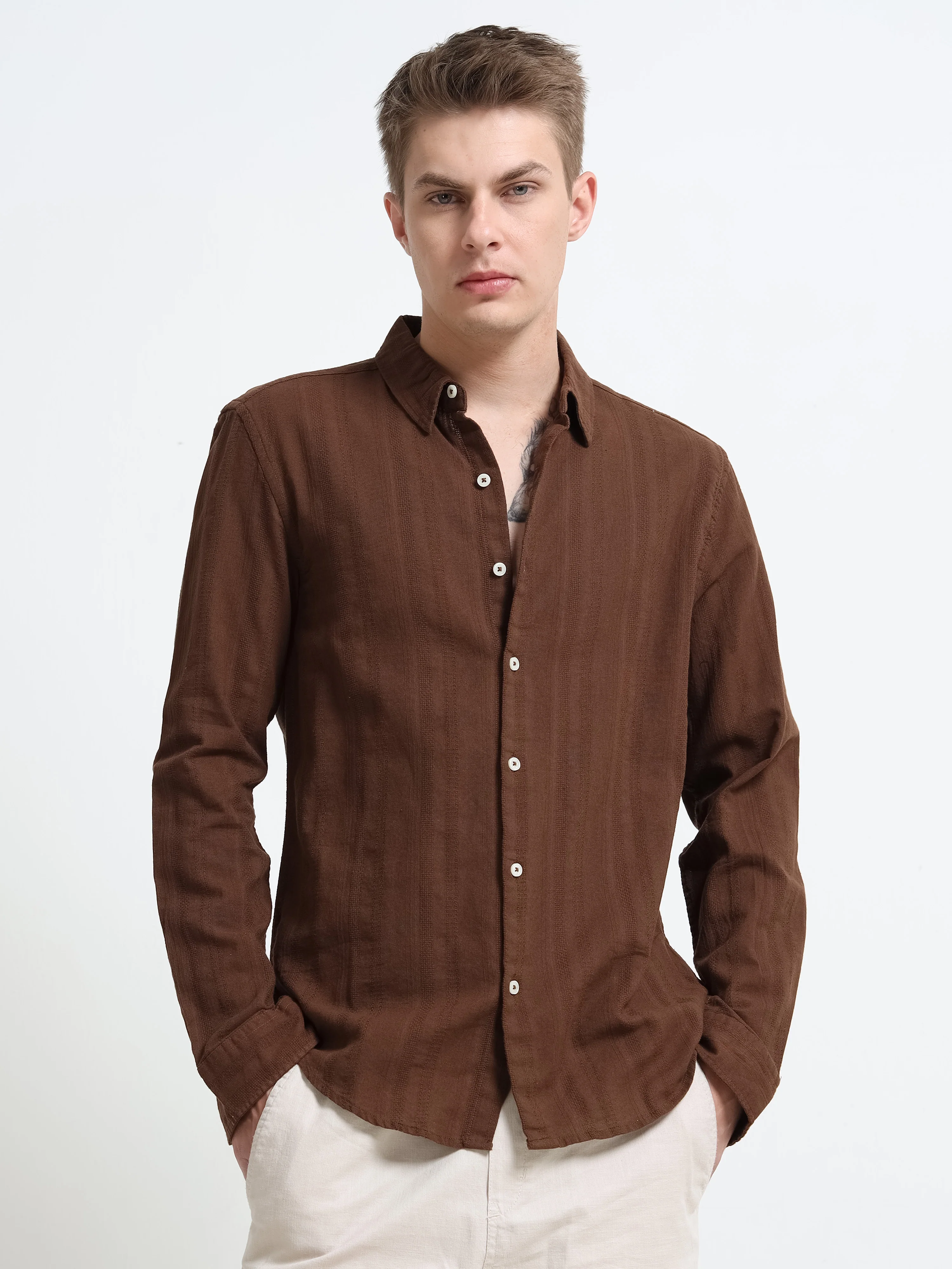 Men Brown Self Design Shirt - Image 5