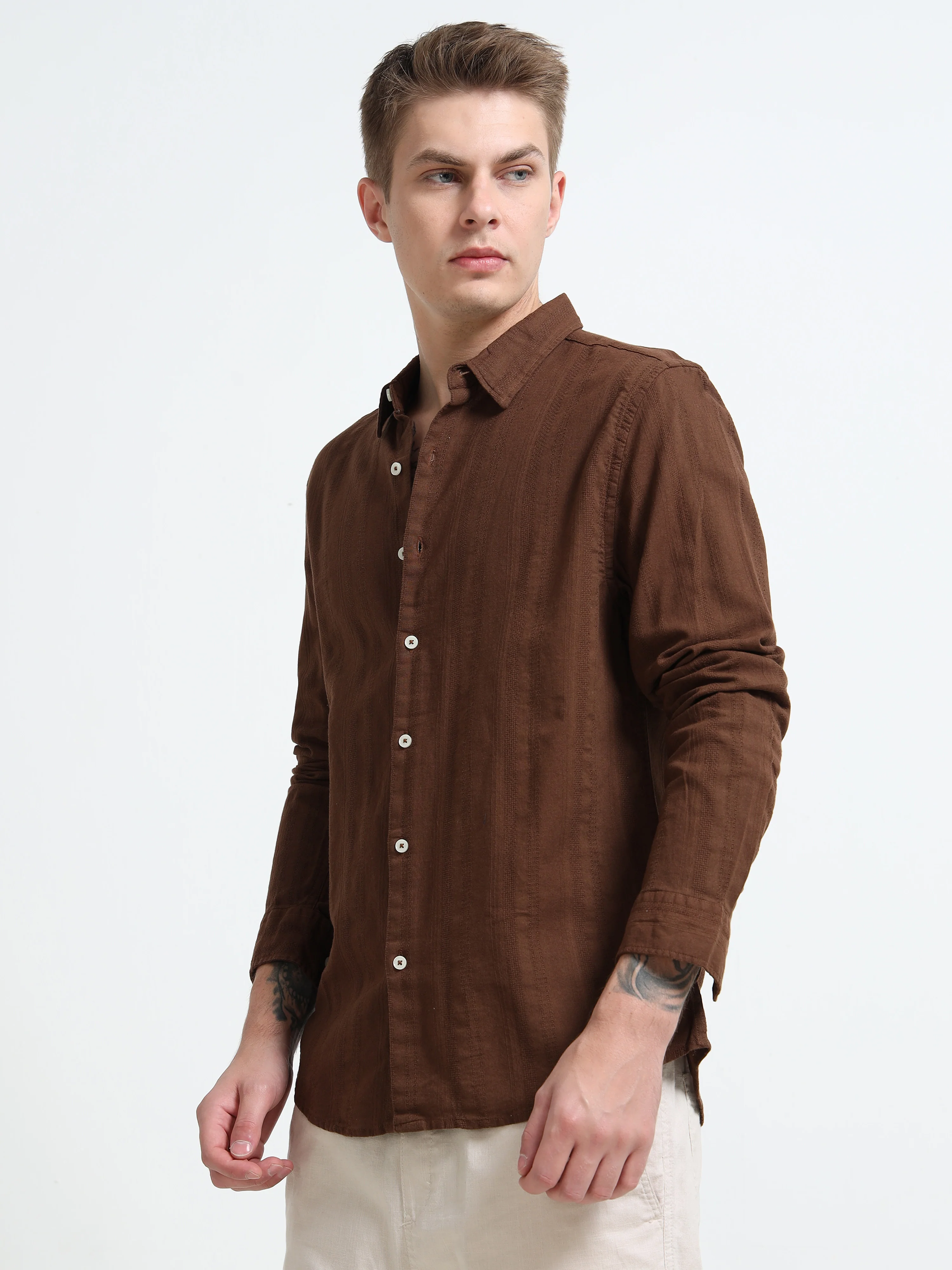 Men Brown Self Design Shirt - Image 6
