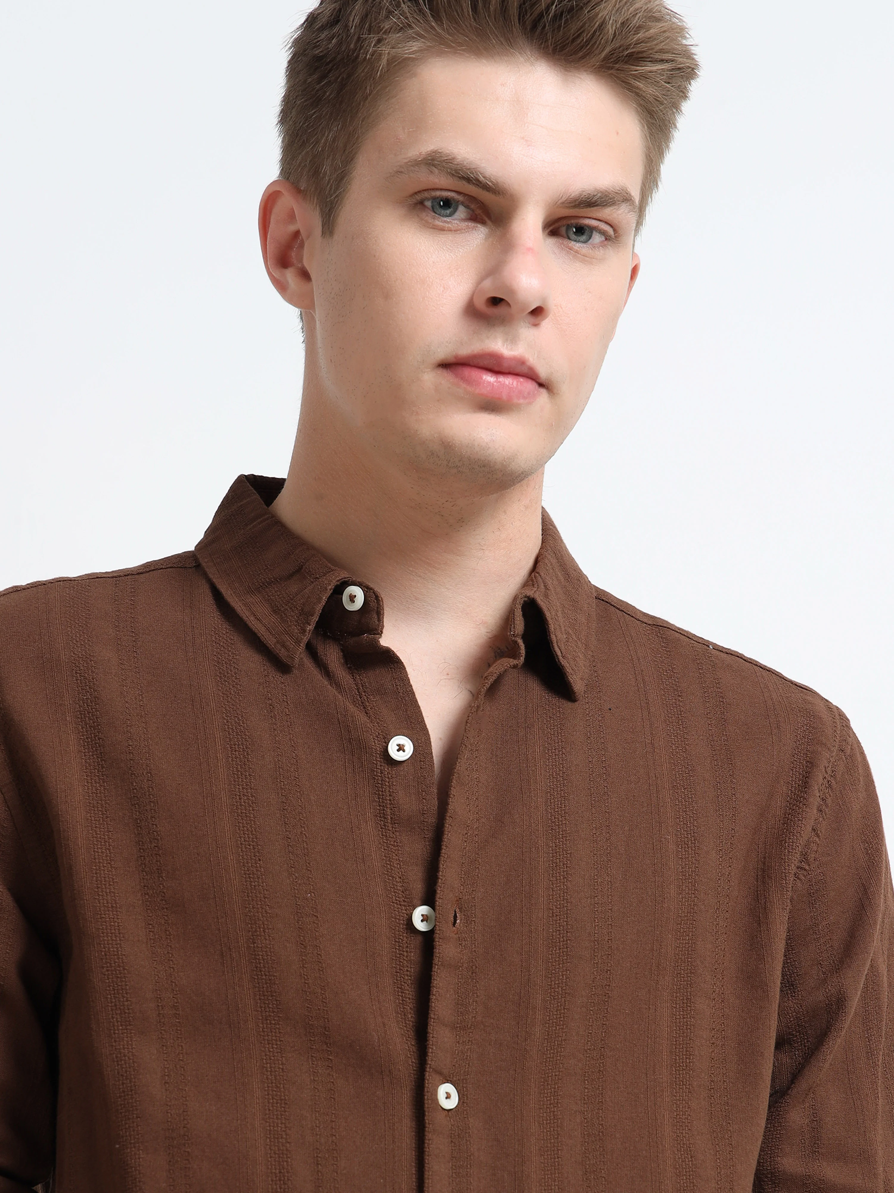Men Brown Self Design Shirt - Image 7