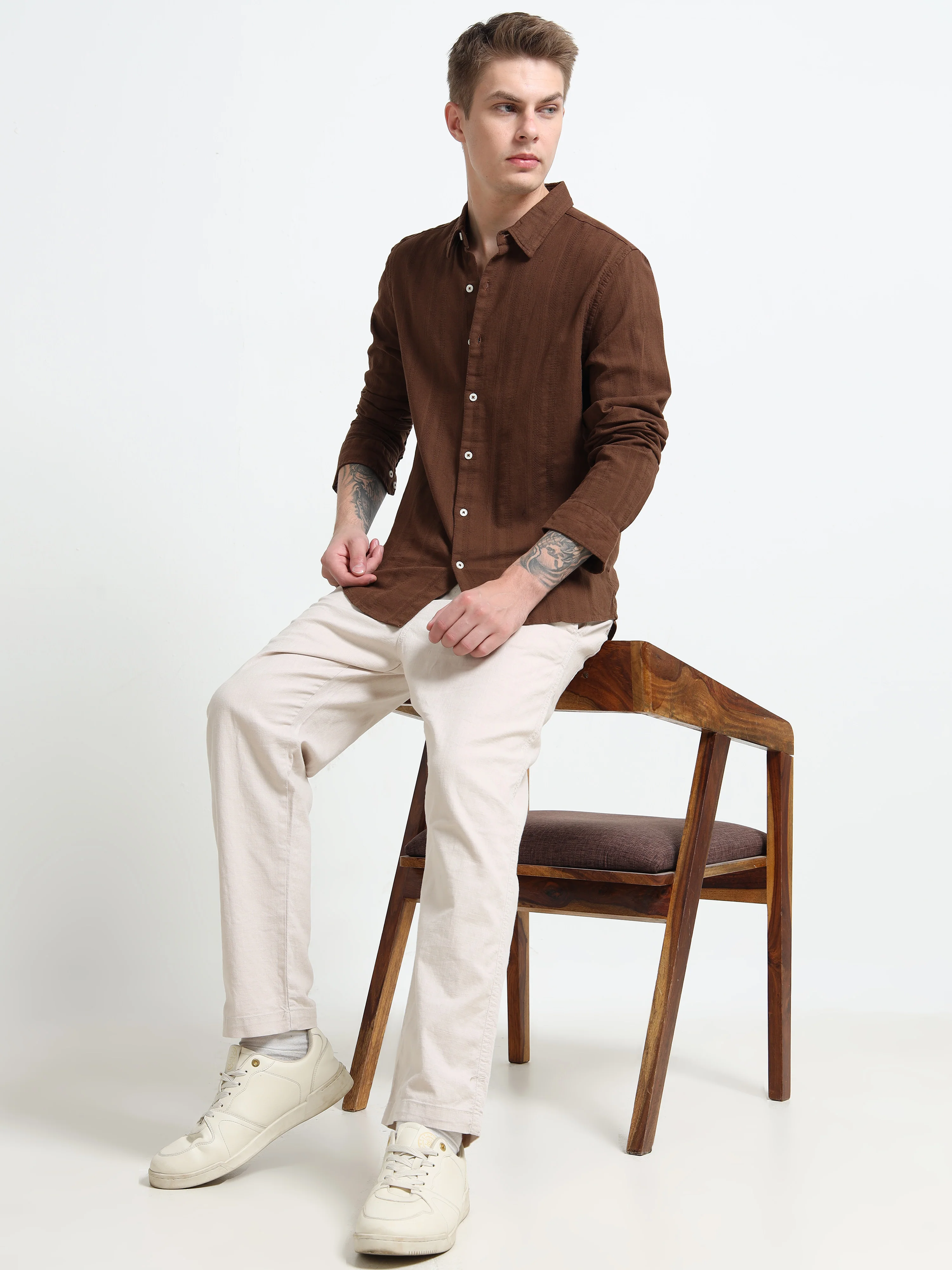 Men Brown Self Design Shirt - Image 8