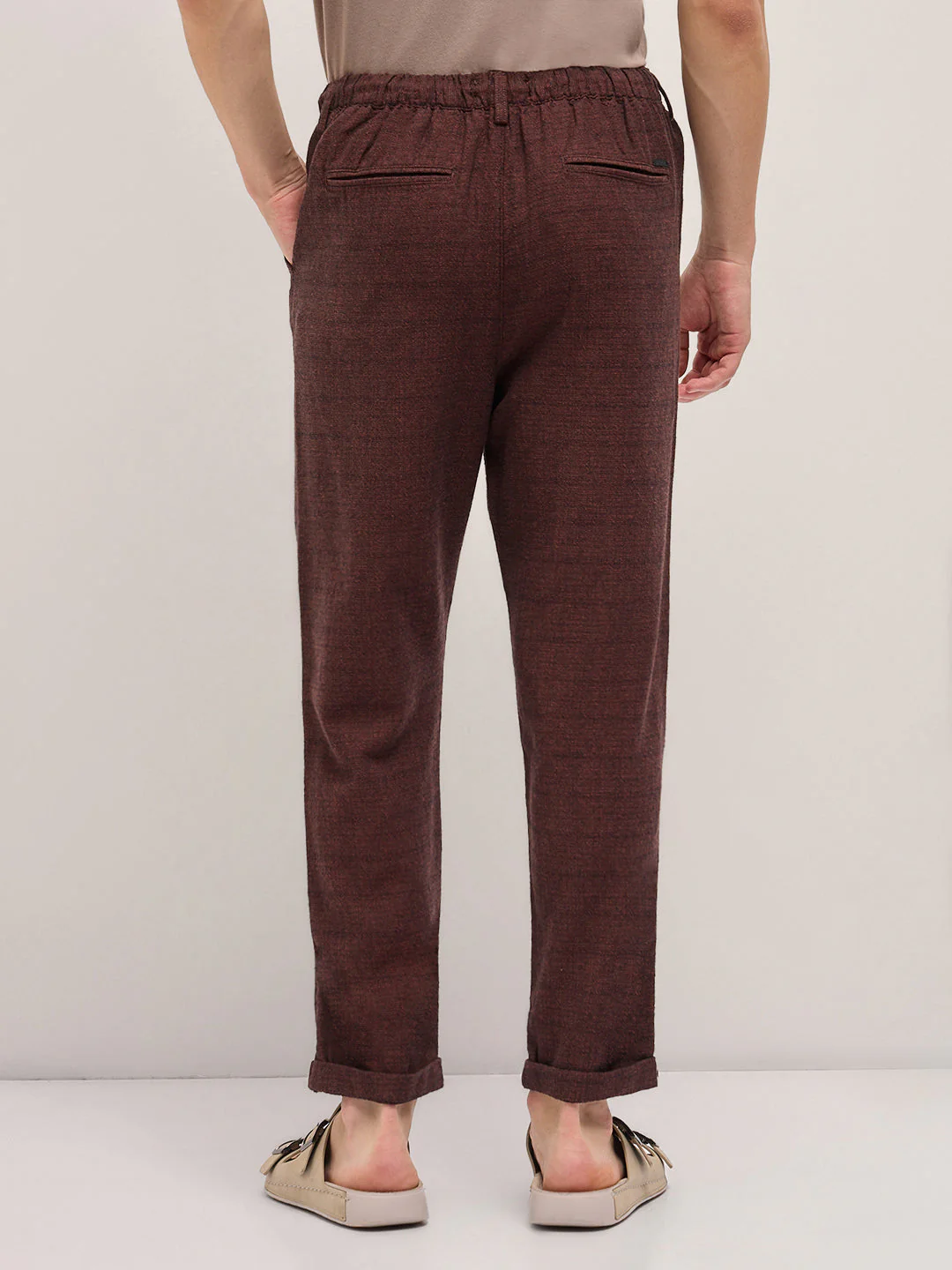 Men Brown Self Design Tapered Fit Elasticated Waist Casual Trouser - Image 2