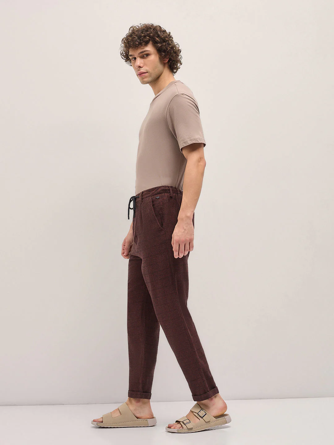 Men Brown Self Design Tapered Fit Elasticated Waist Casual Trouser - Image 3