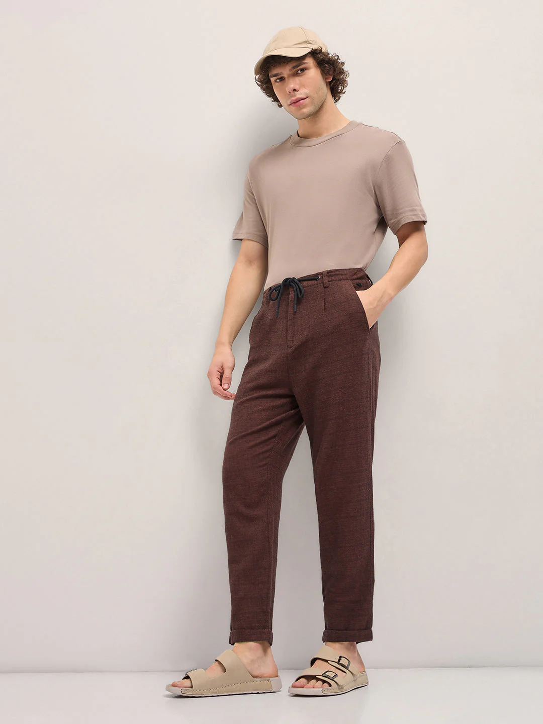 Men Brown Self Design Tapered Fit Elasticated Waist Casual Trouser - Image 4