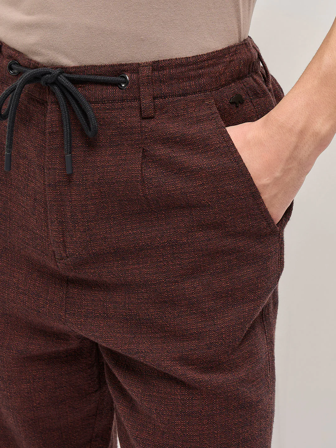 Men Brown Self Design Tapered Fit Elasticated Waist Casual Trouser - Image 5