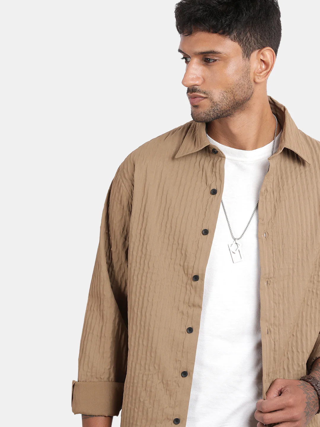 Men Brown Slim Fit Spread Collar Full Sleeve Casual Shirt