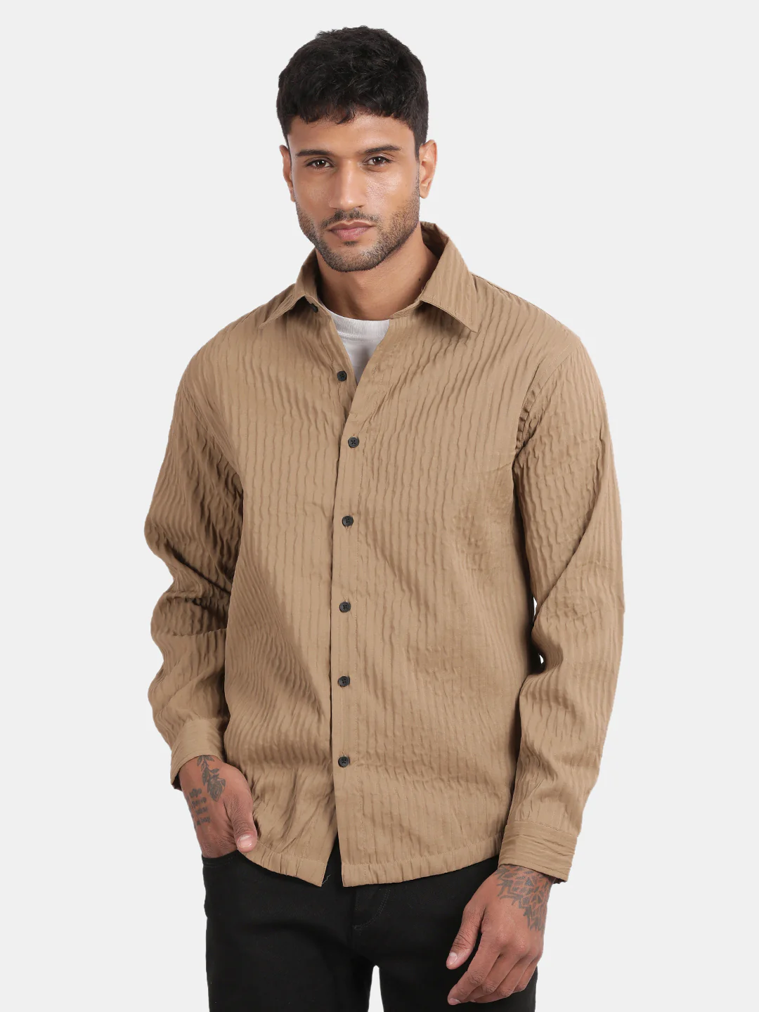 Men Brown Slim Fit Spread Collar Full Sleeve Casual Shirt - Image 2
