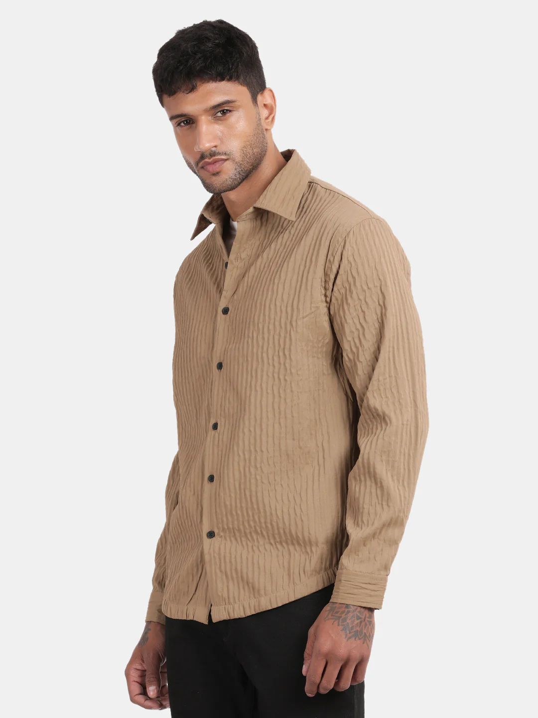 Men Brown Slim Fit Spread Collar Full Sleeve Casual Shirt - Image 5