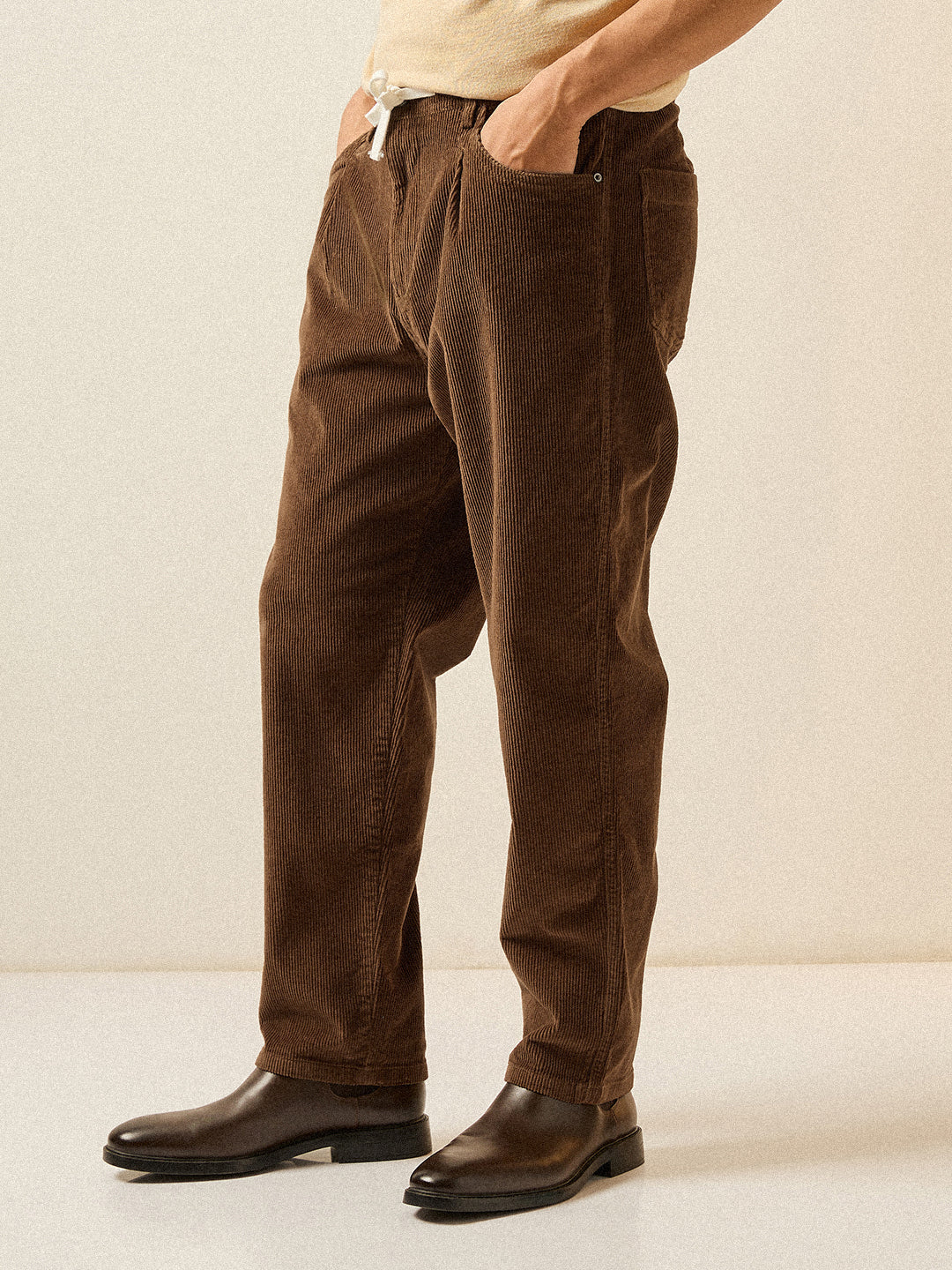 Men Brown Solid Baggy Fit Corduroy Cotton Pant - Image 3