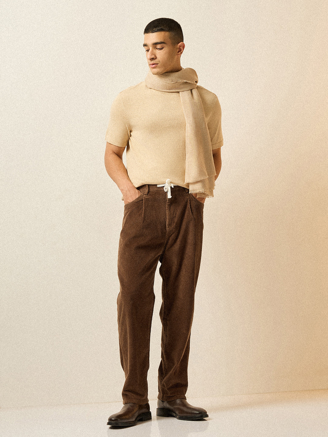 Men Brown Solid Baggy Fit Corduroy Cotton Pant - Image 4