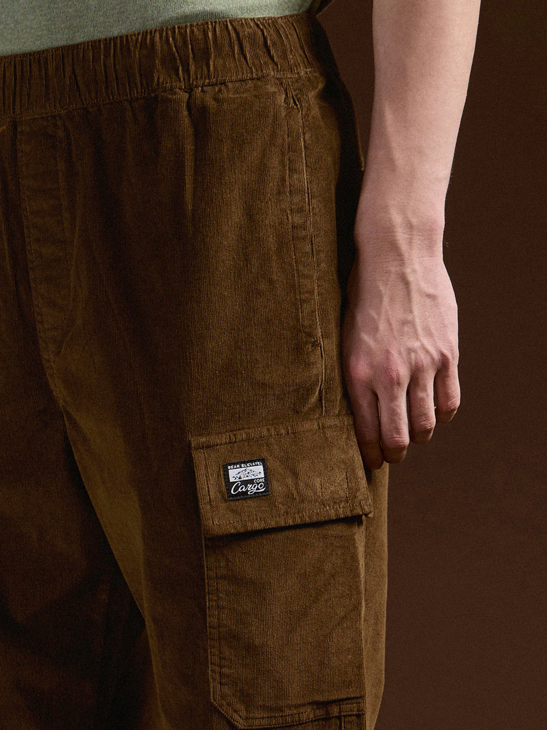 Men Brown Solid Baggy Fit Stylish Corduroy Cargo Pant - Image 5