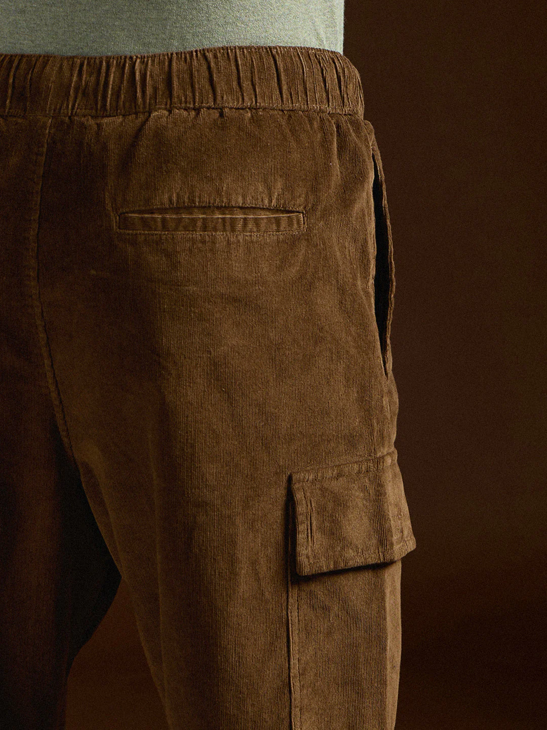 Men Brown Solid Baggy Fit Stylish Corduroy Cargo Pant - Image 6