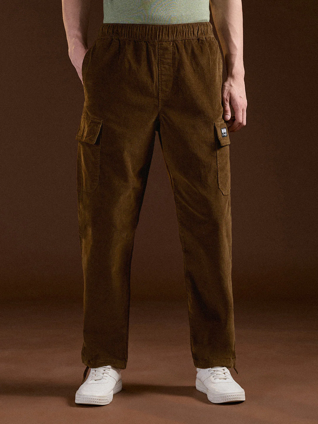 Men Brown Solid Baggy Fit Stylish Corduroy Cargo Pant - Image 7