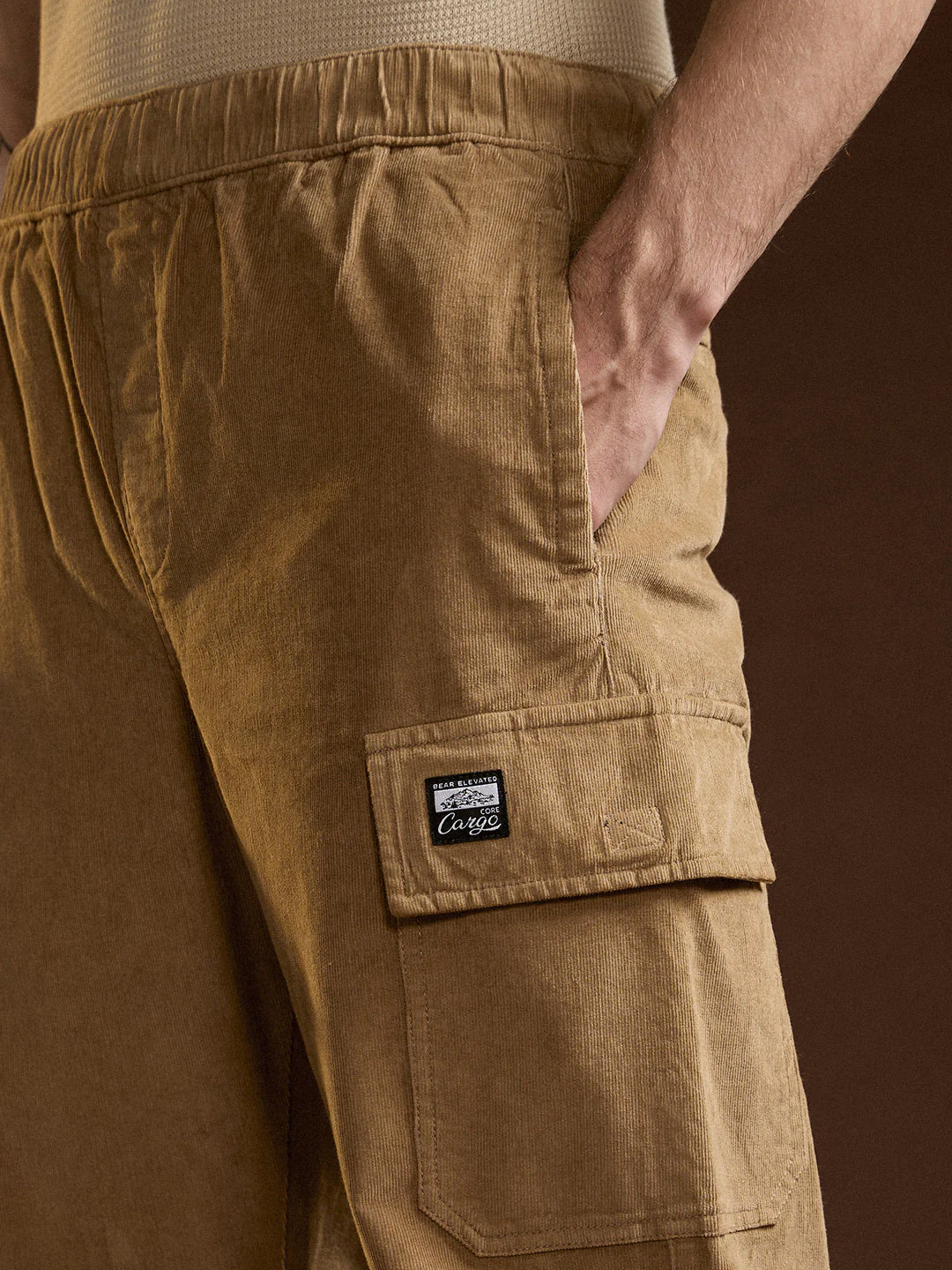 Men Brown Solid Baggy Fit Stylish Corduroy Cargo Pant - Image 6