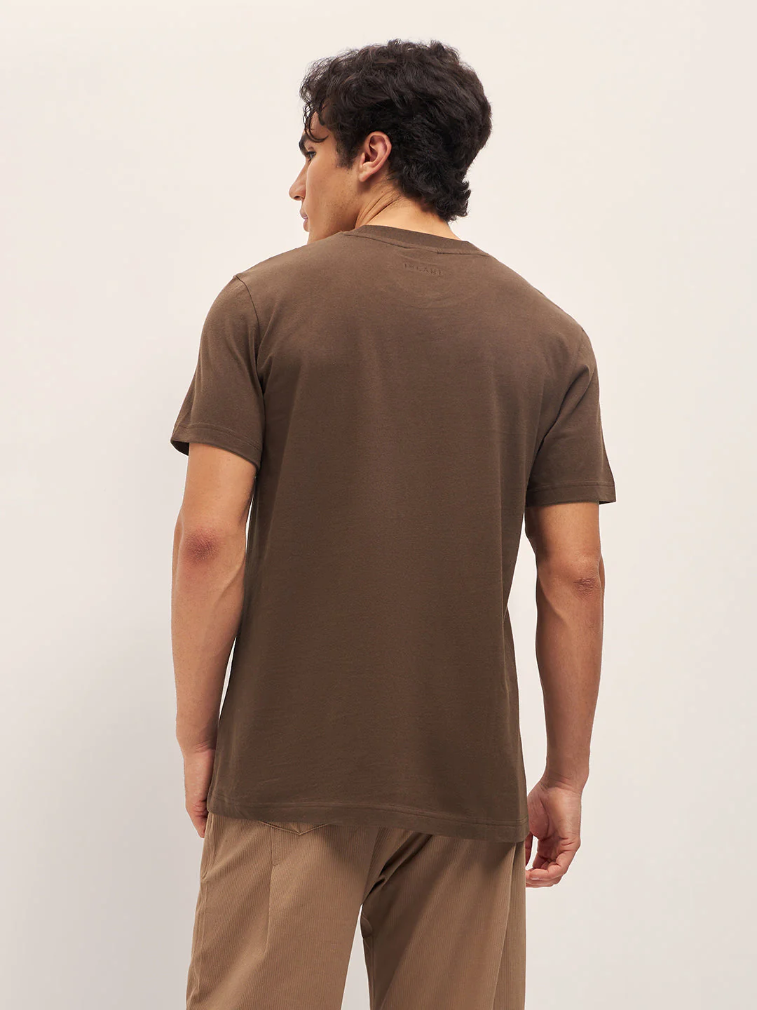 Men Brown Solid Crew Neck Regular Fit T-Shirt - Image 2