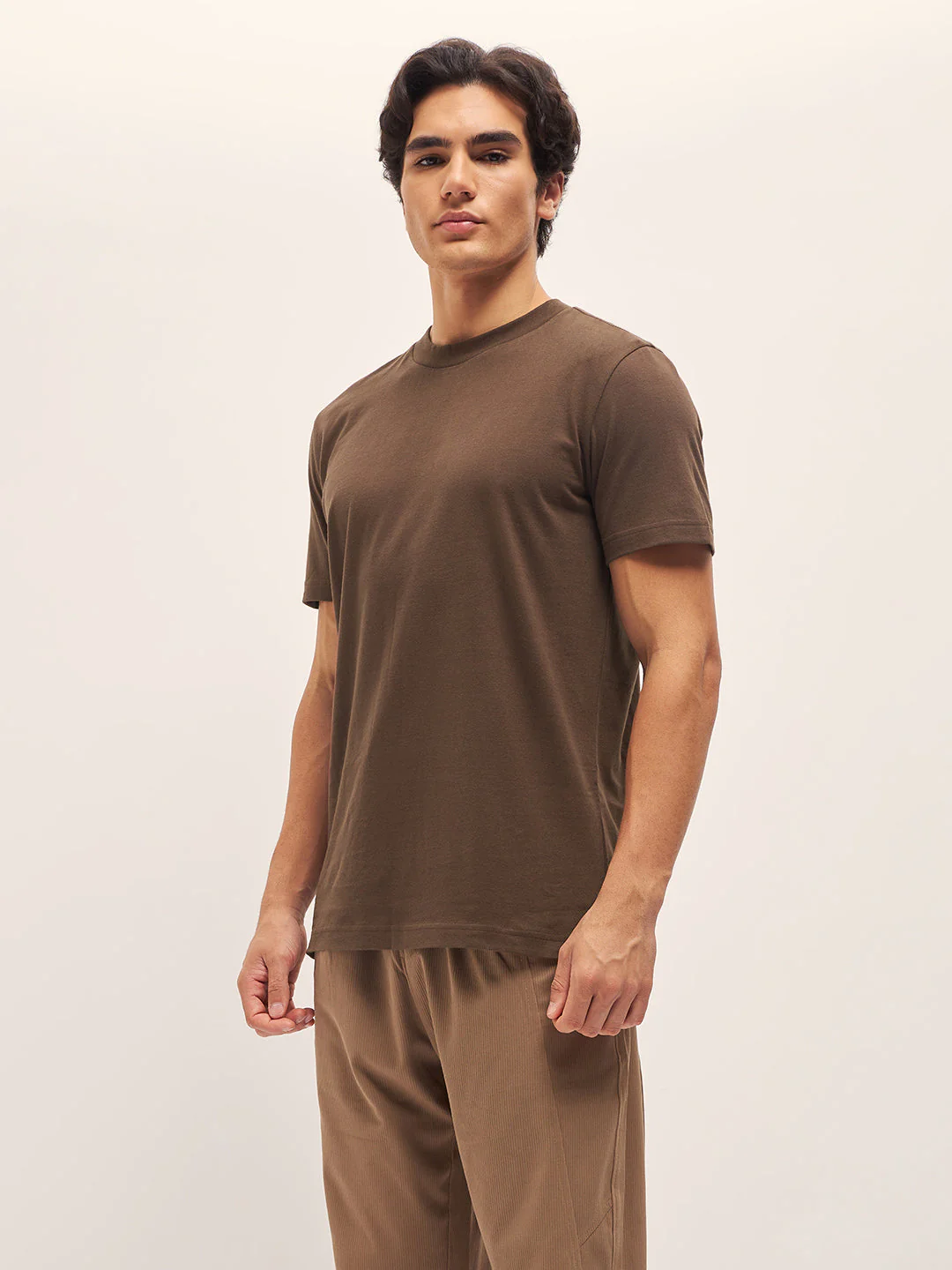 Men Brown Solid Crew Neck Regular Fit T-Shirt - Image 3
