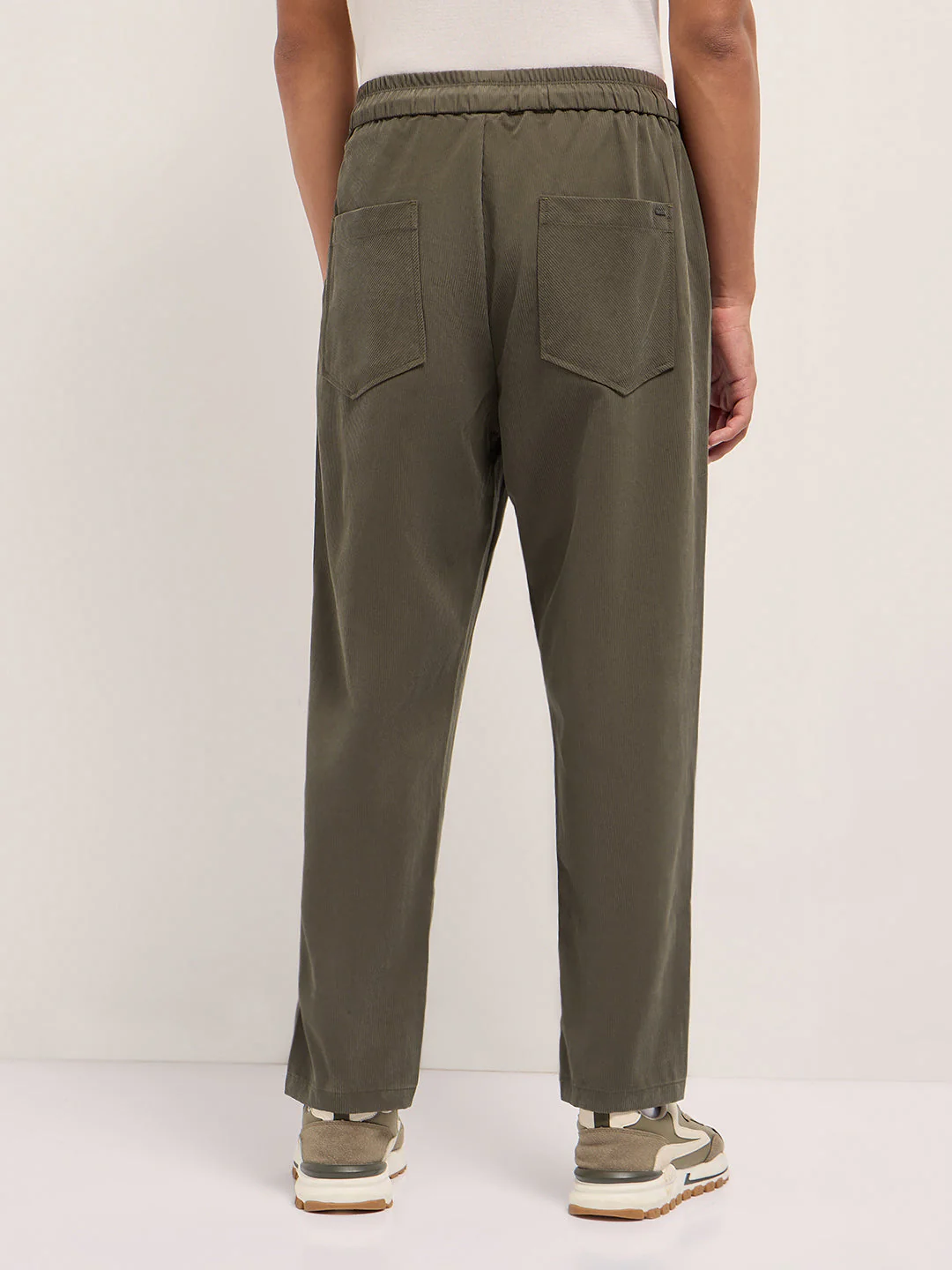 Men Olive Solid Lyocell Casual Trousers - Image 2