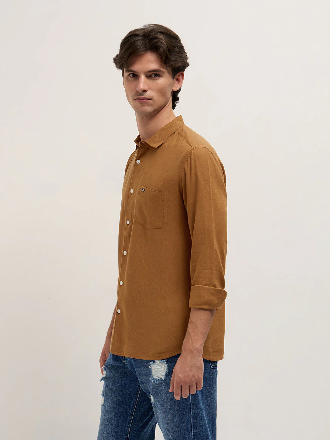Men Brown Solid Lyocell Slim Fit Casual Shirt - Image 3
