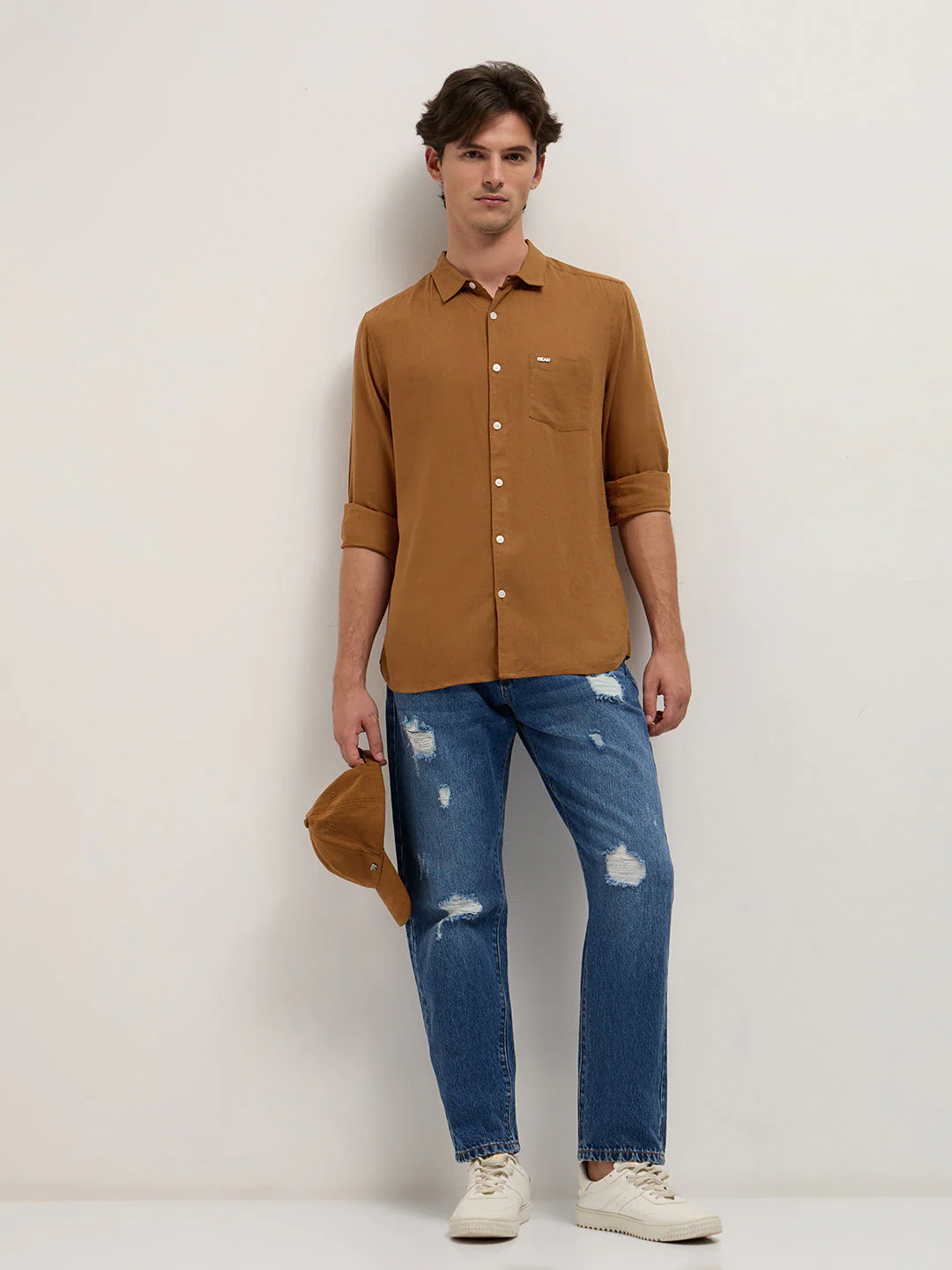 Men Brown Solid Lyocell Slim Fit Casual Shirt - Image 4