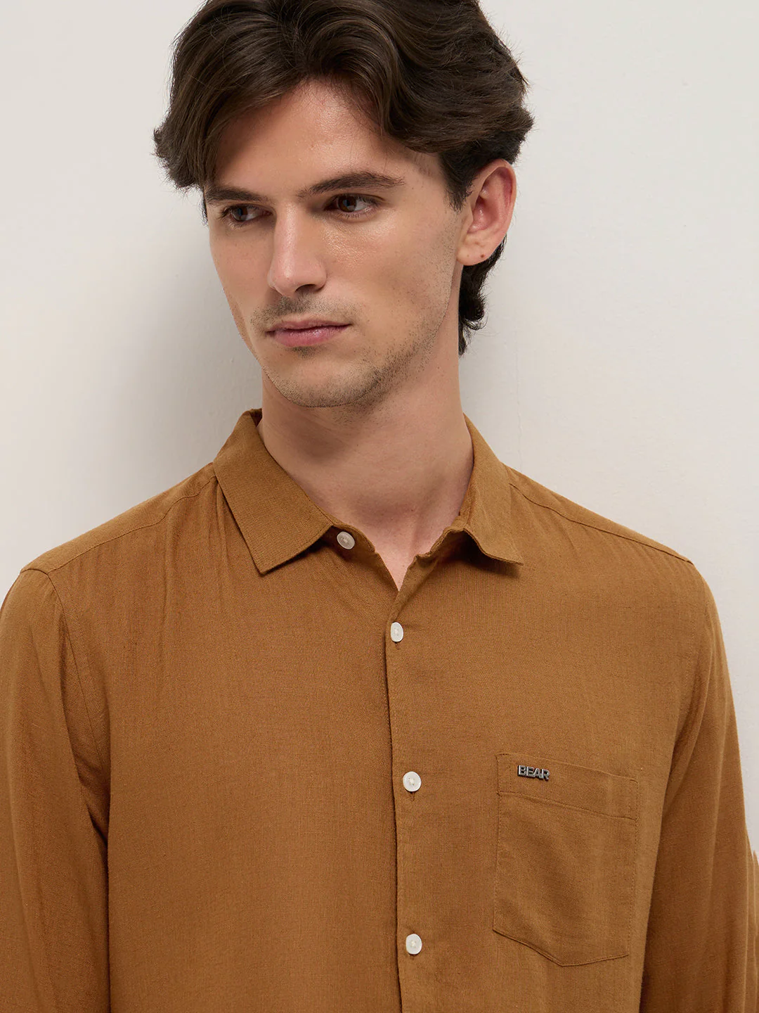 Men Brown Solid Lyocell Slim Fit Casual Shirt - Image 5