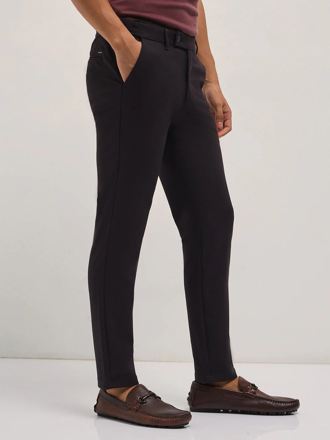 Men Brown Solid Polyester Blend Slim Fit Formal Trousers - Image 3
