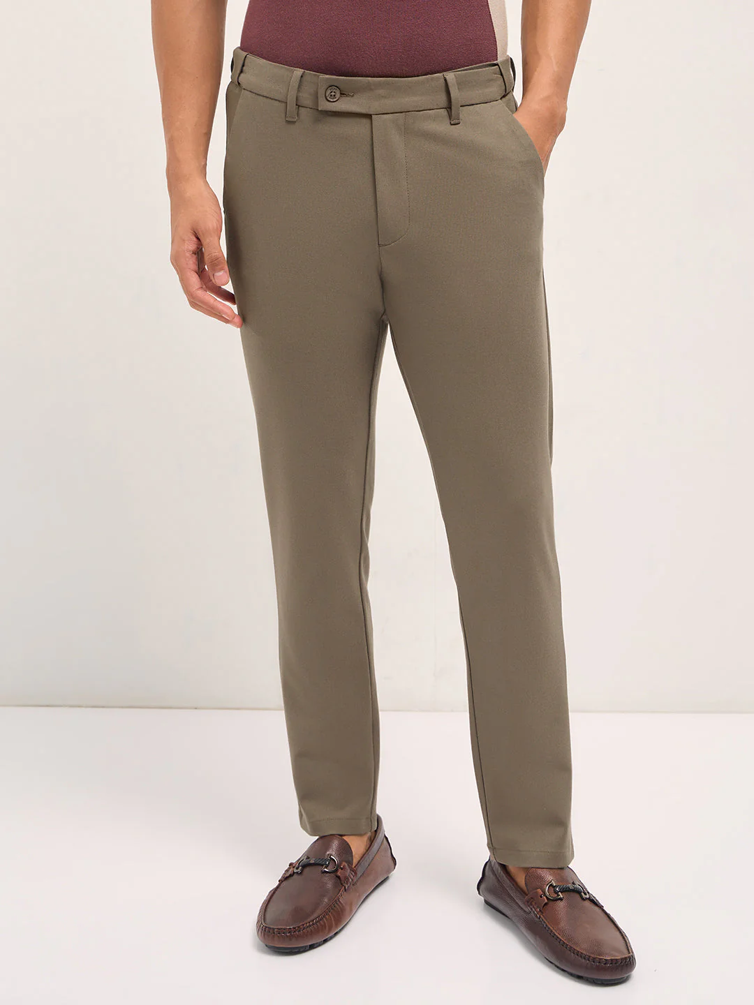 Men Brown Solid Polyester Blend Slim Fit Formal Trousers - Image 7