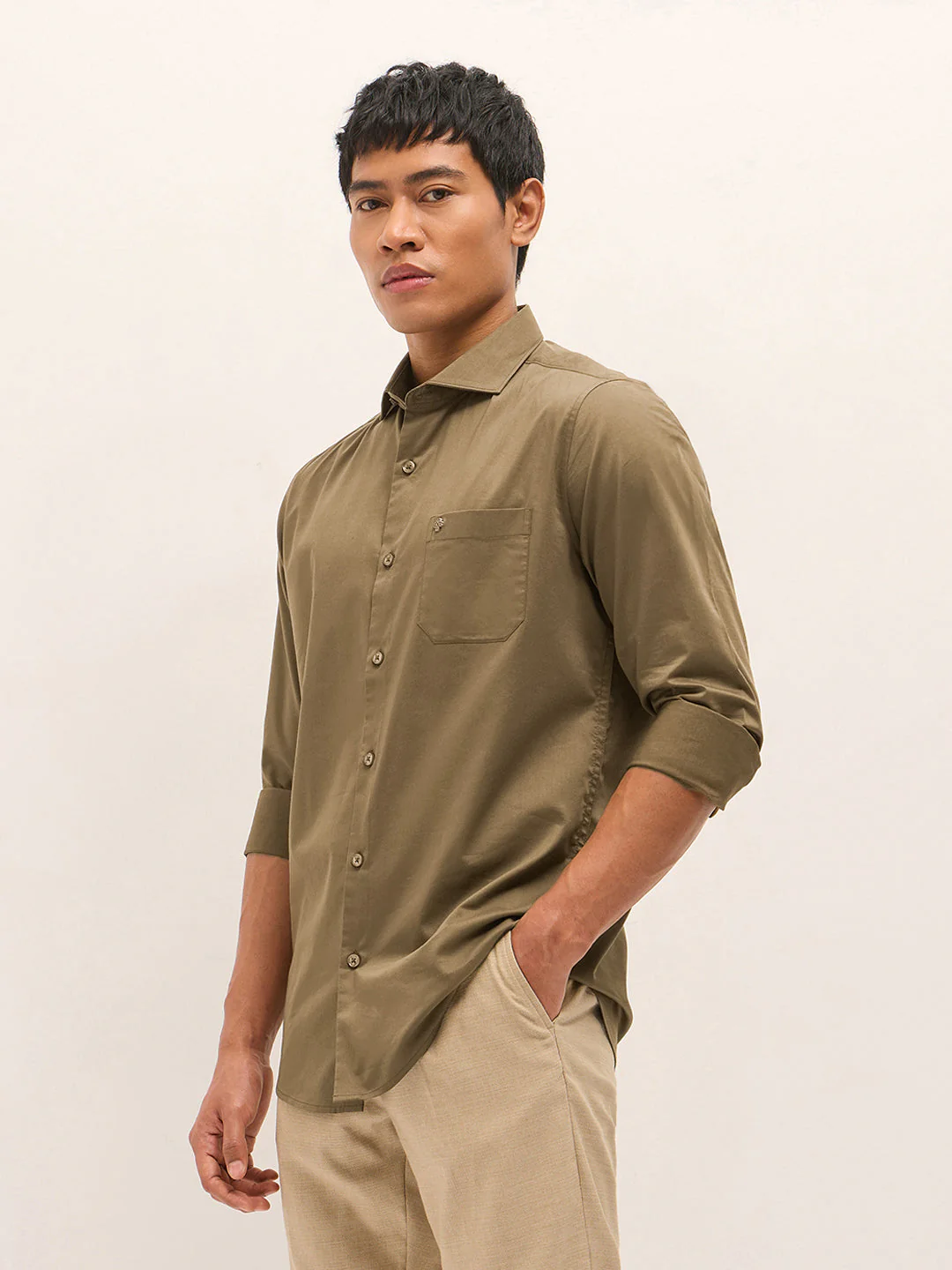 Men Brown Solid Polyester Blend Tailored Fit Formal Shirt - Image 3